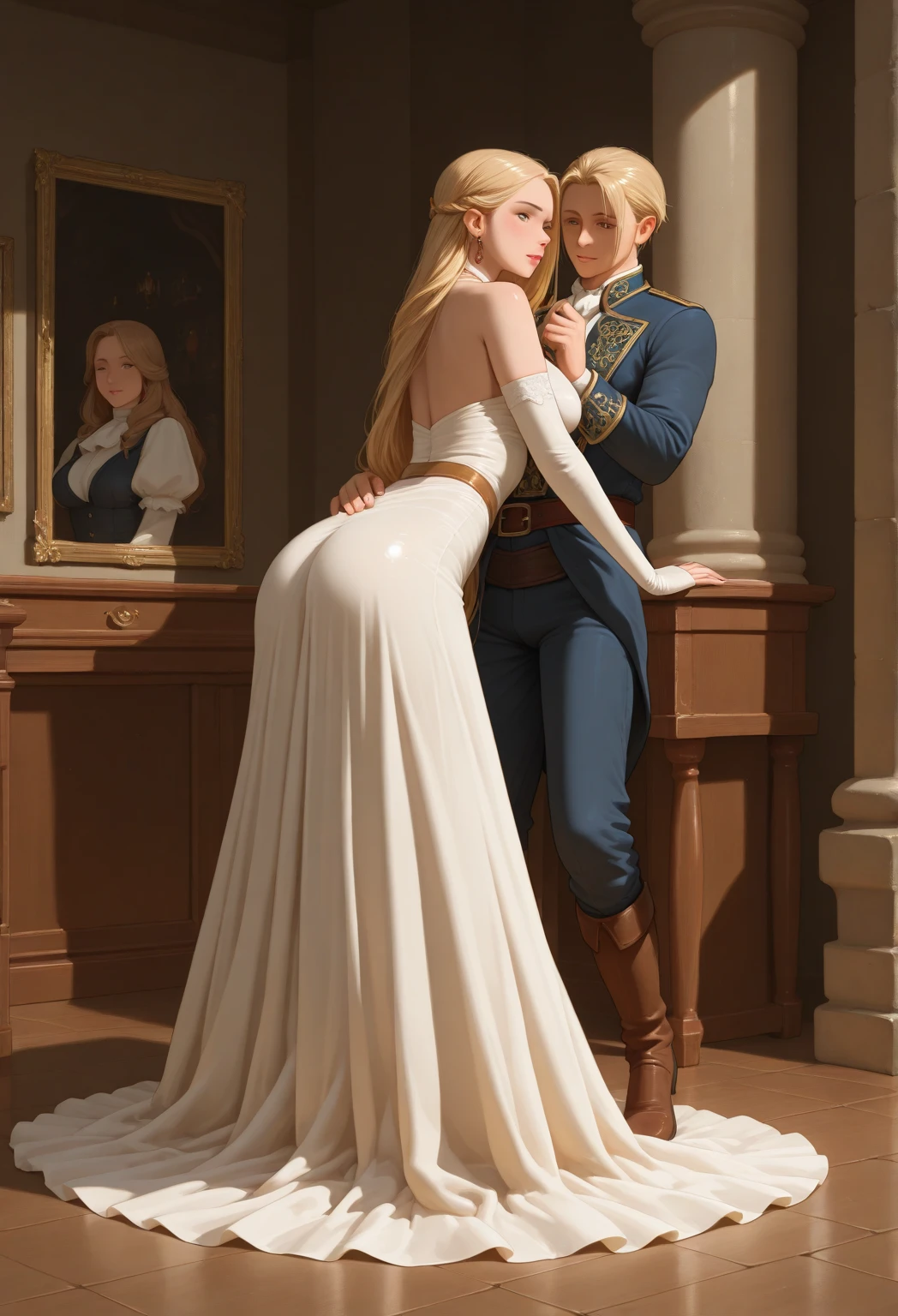 (masterpiece:1.2, best quality, absurd res, ultra detailed), super very realistic, doggy style vaginal sex, very sexy beautiful feminine tender seductive sweet lustful cute luxurious bride Link (the legend of zelda) and man having sex, happiness, realistic, detailed, masterpiece, high quality, photorealistic, lovely smile