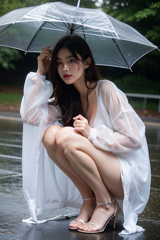 (((best quality))),(((ultra detailed))),(((masterpiece))),illustration,((1 beautiful girl,solo)),((slim,thin)),short ponytail,((small breasts,flat chest)),white long-sleeved shirt,navel,briefs,slender legs,white socks,slippers,rainy night, heavy rain, drenched clothes, melancholy expression, solitude, tear rolling down cheek, wet hair, empty streets, dimly lit, deserted environment, sound of rain, footsteps, symbol of hope, abandoned, resilience, determination, walking in rain, heartbreak, loss, love fading, loneliness, body language, facial expression, dreary atmosphere, rain-soaked streets, somber mood, viewer engagement,from front,urban scape,night scene,(((wet,sweat,shiny skin))),((sitting on the ground,arms behind back,spread legs apart)),