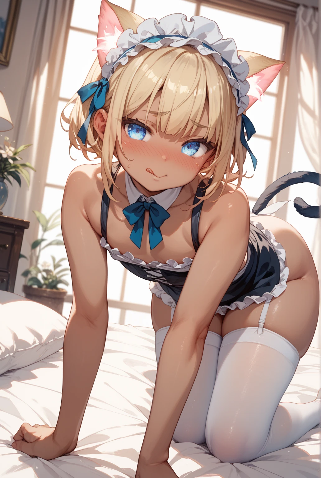 1girl, solo, multiple colored hairs, maid, black cat tail, smile, black thighhigh, leaning forward, outside, charm posing, paw stamps background, upskirt, (view from behind), detailed striped panties,