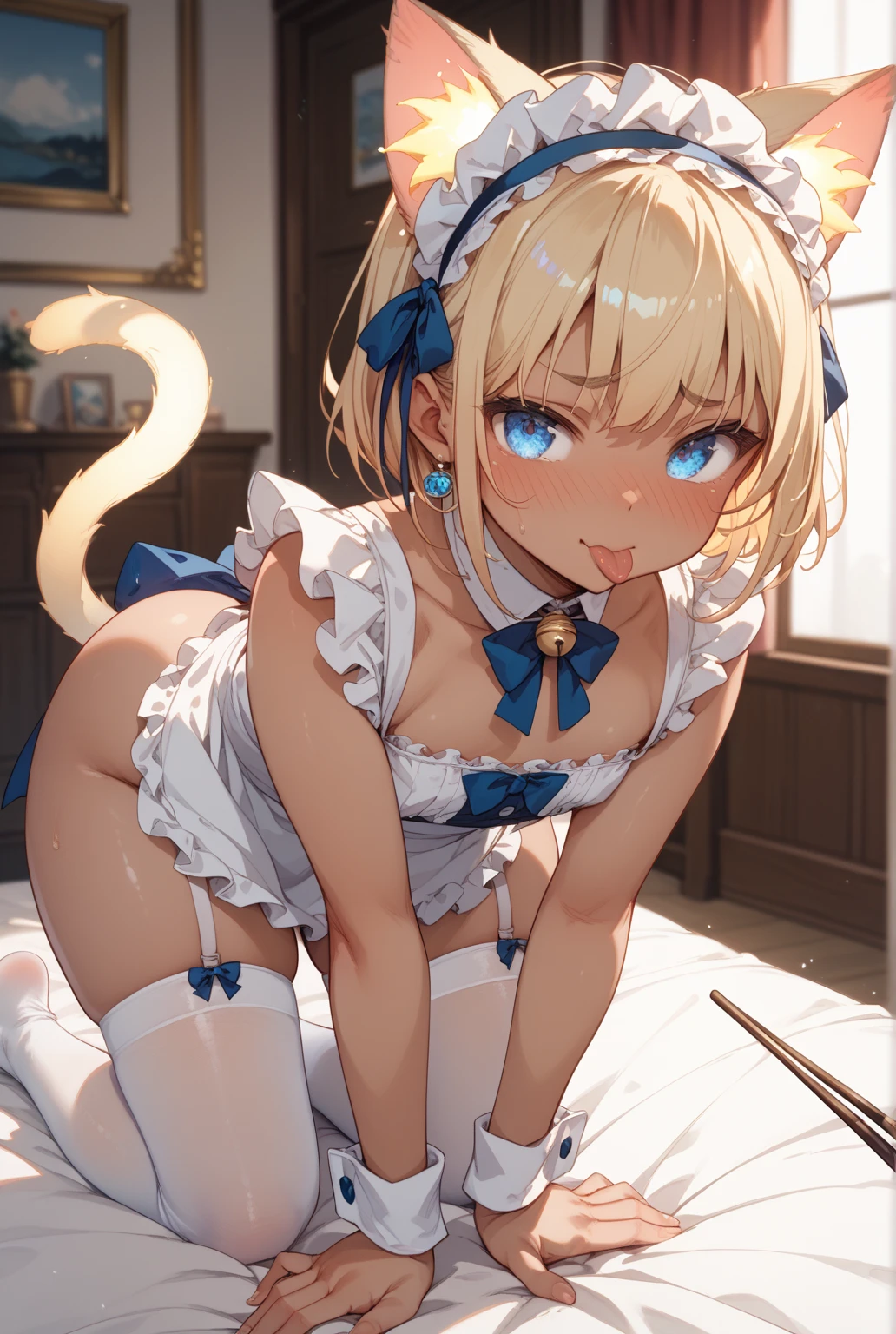 score_9, score_8_up, score_7_up, source_anime, 1girl, blonde hair, blue eyes, twintails, cat ears, small breasts, eyeglasses, micro bikini maid, headdress, blouse, skirt, apron, areola, sincere, light smile, bent over, back, private room, mansion,