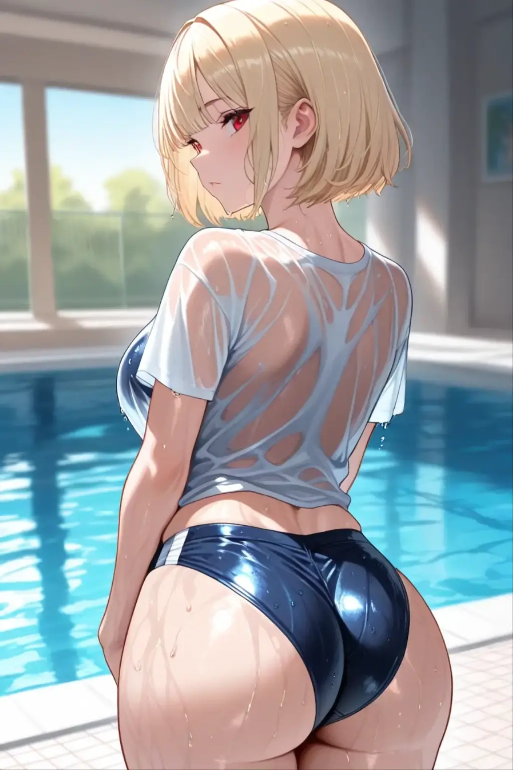 boyish Berry Short Slanted Eyes Blonde Swimwear Pool On all fours Back view