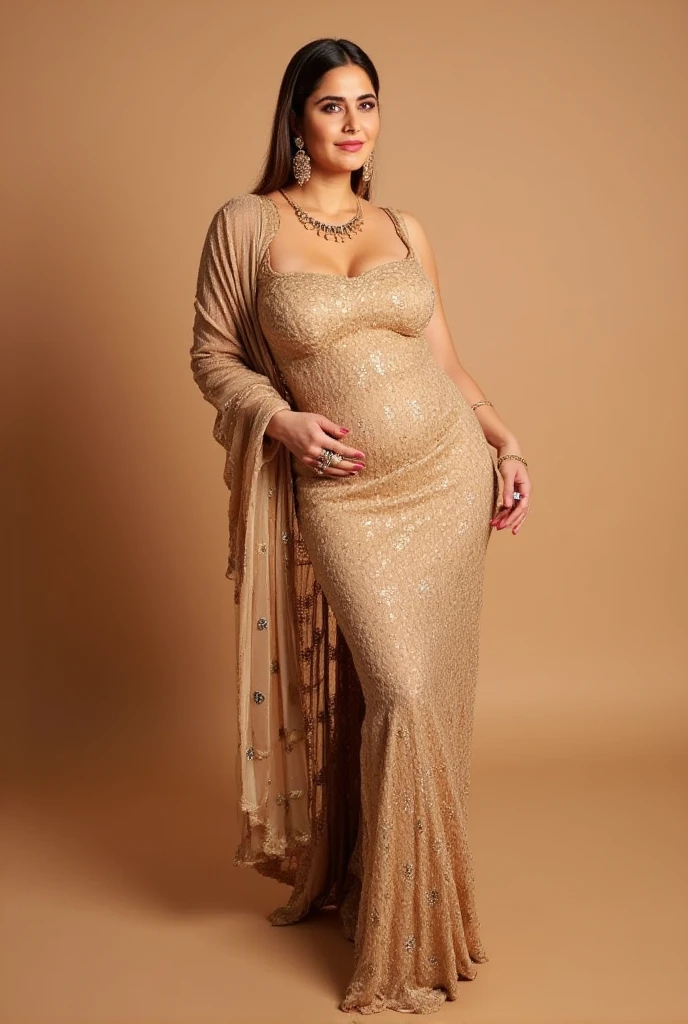 pregnant woman in a yellow dress posing for a picture, draped in silky gold, draped in gold, draped in shiny gold and silver, standing in gold foil, full body photoshoot, gold clothes, wearing a dress of gossamer gold, draped in flowing fabric, maternal photography 4 k, draped in shiny golden oil, full length shot, gold body, golden goddess
