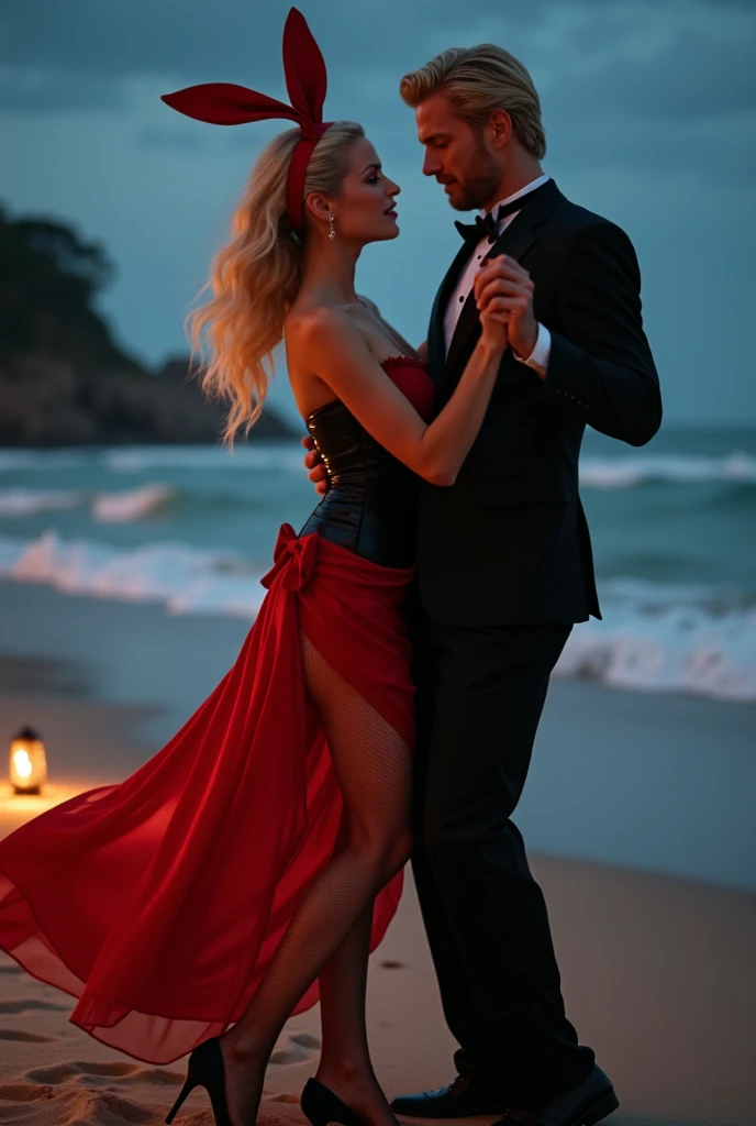 Create a realistic image of a 20 year old woman, long blond hair, blue eyes, cheekbones, ((full body)) dressed in a red dress, black heels, dancing with a bearded man, the man is dressed with a pleated pants, a shirt and a bartender vest, background image of a payotte on the beach, head to toe, full body