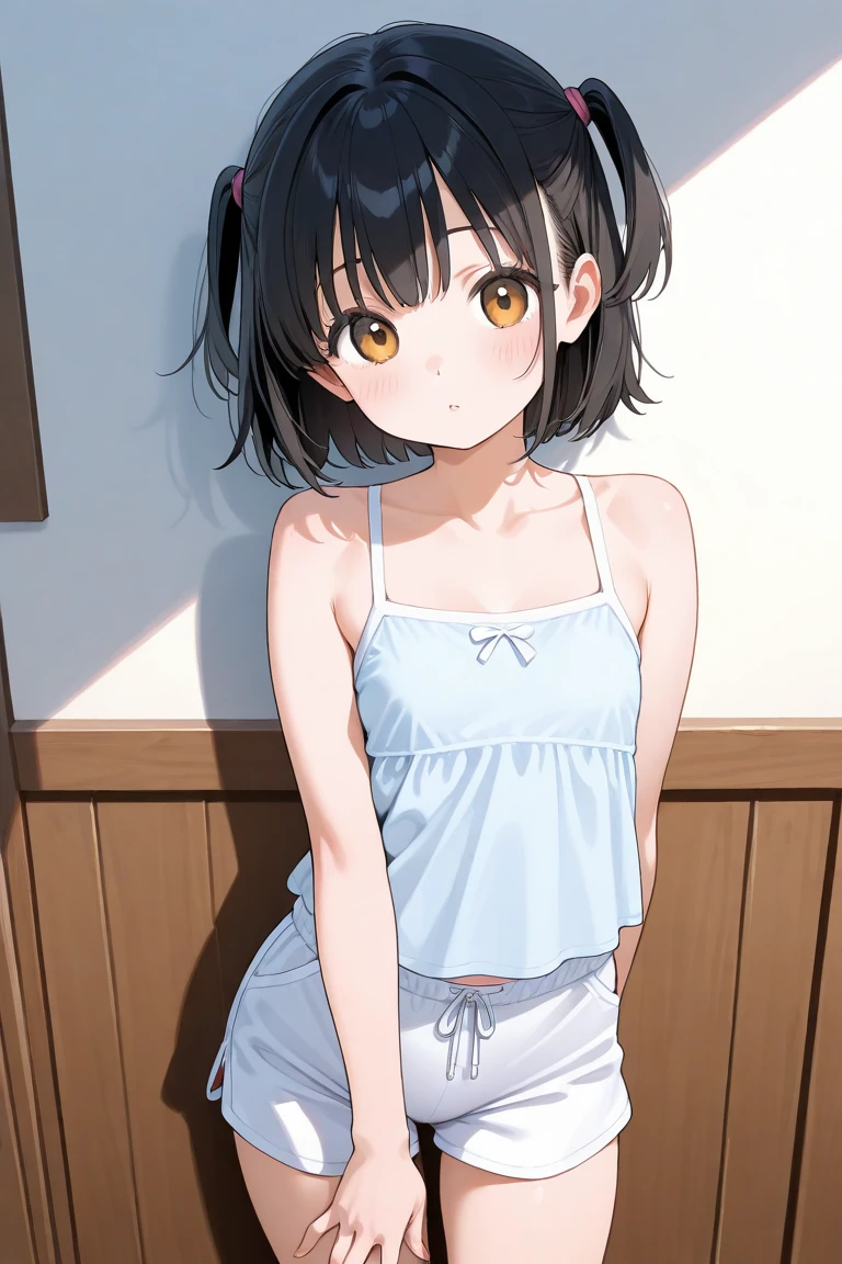 (masterpiece、top-quality、hight resolution、photos realistic、real looking skin:1.1)、Japan girls at 15 years old、short stature、full bodyesbian、(very small breasts:1.5)、Beautiful eyes、Shining eyes、embarrassed from、short twintails、no bra、Chest Pochi、(Sheer white tank top:1.5)、is standing、(arms behind back:1.5)、(Bedroom at night:1.5)、(linen child panties:1.5)、nsfw