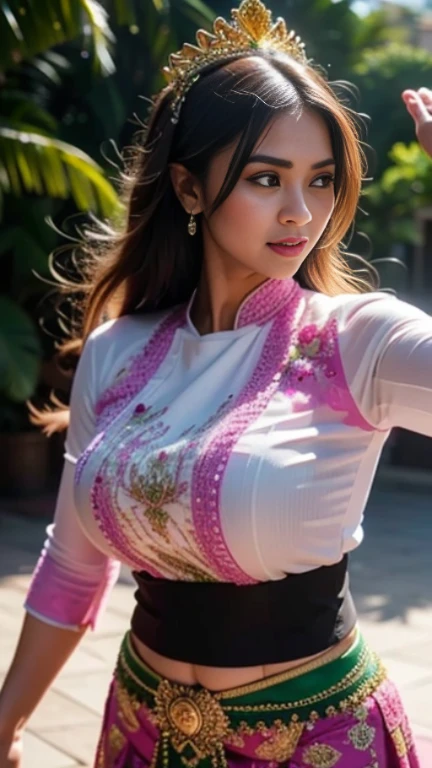 Half-length glamour portrait, nikon D850, f1.6 lens, 200mm, DSLR, 22 Megapixels, (((Zen Japanese garden scene))), shot of a stunning 20 years old portuguese girl, (smile:1.4), (wearing Bright red high-neck shirt with Blush red wide-leg trousers:1.6), ((seductive pose)), hot girl, (((big natural breasts))), (((brown ponytail hair))), (small girl), symmetrical face, photorealistic, photography, (bright natural lighting), gorgeous, deep cleavage, (masterpiece), best quality, high resolution, extremely detailed, cinematic lighting, (((very narrow waist))), rich colors, hyper realistic, lifelike texture, ((jewelry)), (((She has beautiful hands and wears rings))), (bracelet), (necklace), (ankle chain), (nail polish) (earrings), Fuji Superia 200, 8k