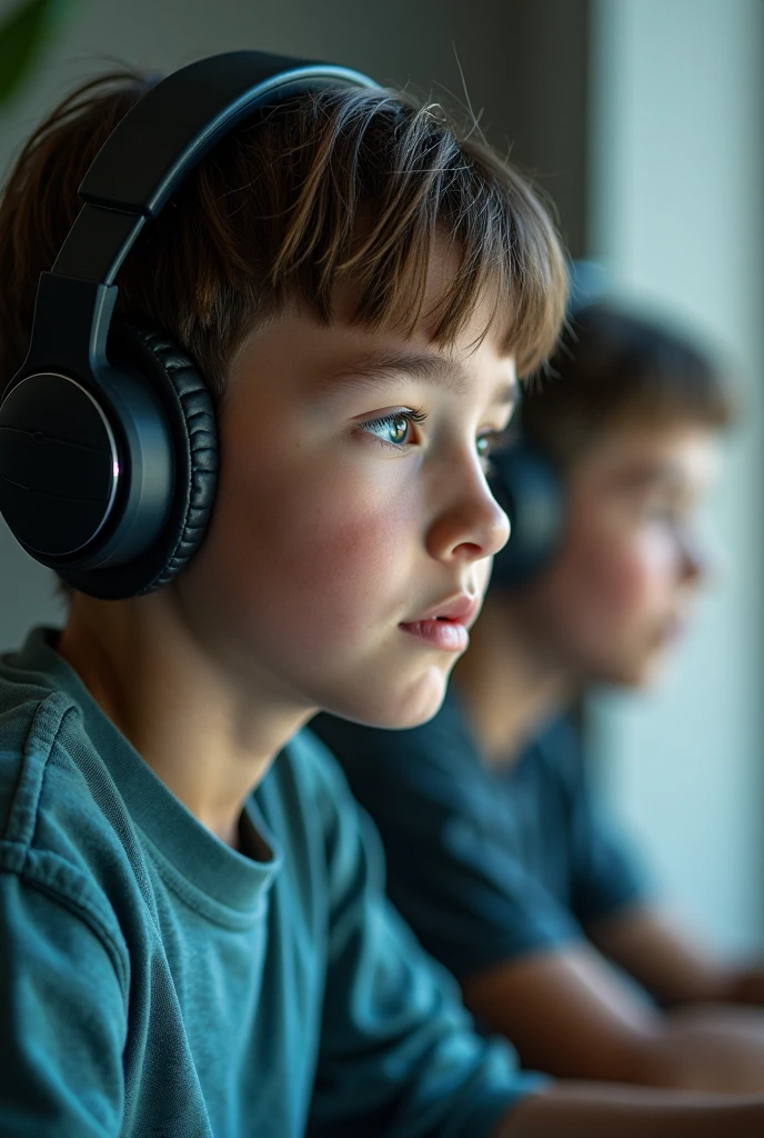boy facing a computer listening to music