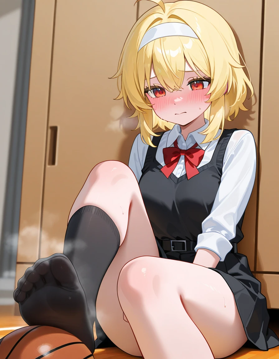 Highest quality, masterpiece, Ultra-high resolution, (One girl:1.2),(Dark Skin),(slender)、(nsfw:1.2),Smooth Hair、Bobcut、Red Eyes、Sparkling Eyes、Detailed eyes、Slanted Eyes、Tanned、Full body、Her breasts are visible、Low - Angle、Small breasts、17 years old、Sunburned skin、(Long-skirted dark green sailor suit)、(Light blonde)、(Crouching pose)、(White underwear)、(Highly detailed underwear)