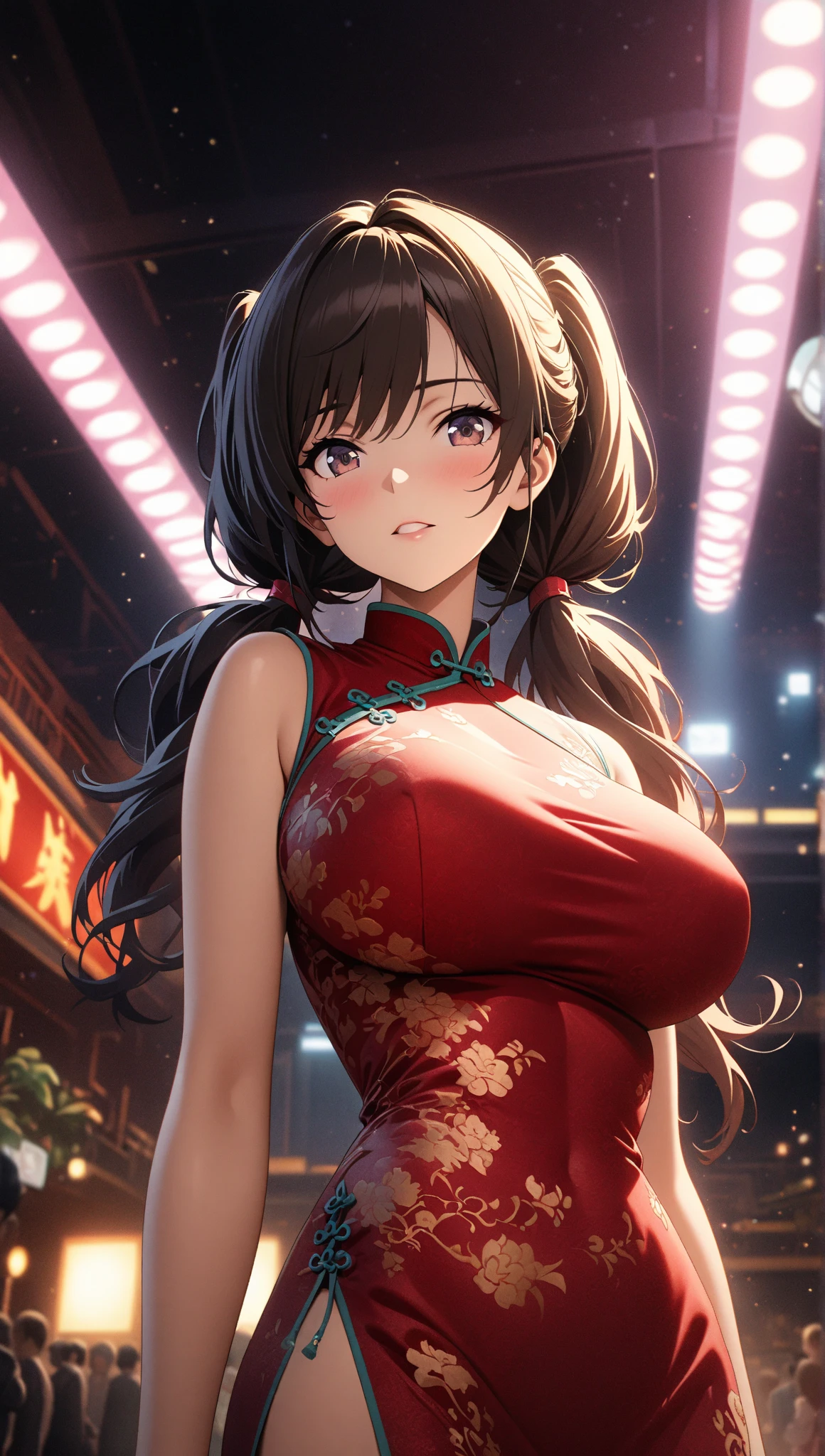 wearing tight cheongsam, big breasts, revealing,((ultra hd, masterpiece, 4k hd)), show armpits and boobs, showing , sexy anime girl