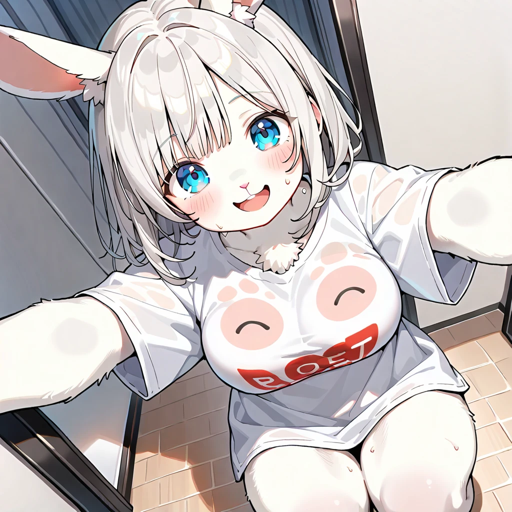 nsfw,1girl,see-throughleotard,masterpiece, best quality, very aesthetic, absurdres,Whiteleotard,Transparent,Rabbit headband,looking at viewer,straight up,hand on Thighs