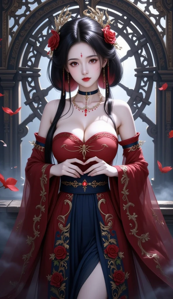 1 very beautiful medusa queen in hanfu, thin red silk shirt with many motifs,black lace top,crown on her head,long hair dyed black, beautiful hair jewelry,big red eyes,sharp eye makeup, meticulous eye lash make up, thin eye brows, high nose,pretty red lips,rosy cheaks,normal breasts,well-proportioned breasts,slim waist,red mesh stockings with black border, chinese hanfu style, fictional art patterns, vivid and realistic colours and with her daughter 
