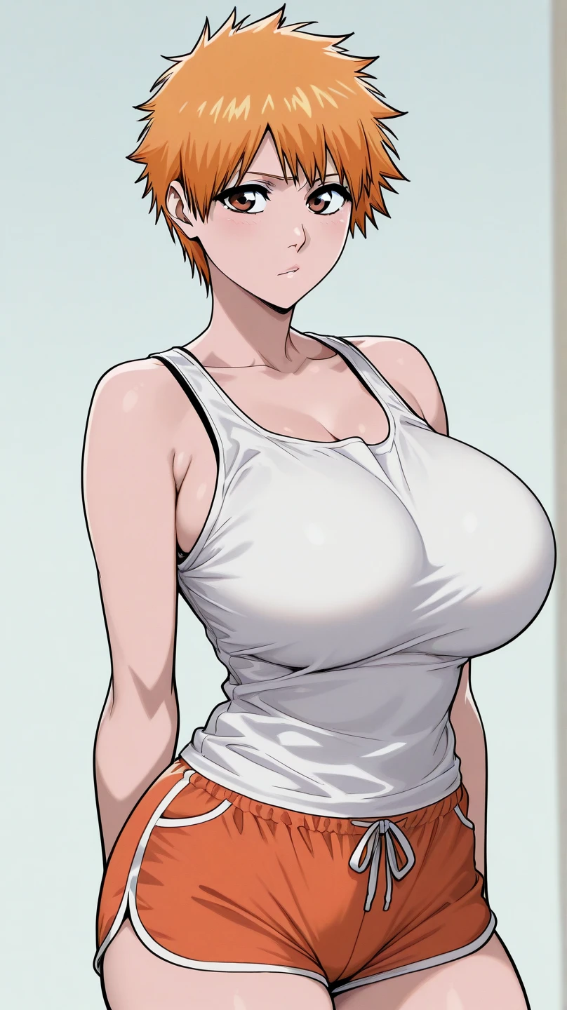 Best Quality, masutepiece, Brown hair, Yellow eyes, Yuriko Aoki, Embarrassed look, (oversize breast:1.5), cleavage of the breast, (white tank-top:1.5, no-bra:1.3, Thin fabric), Slimed, Arms Down, Breast squeeze, Upper body, Bedrooms, (Perfect Anatomy, perfect detailed body, Beautiful detailed eyes, Beautiful detailed skin),