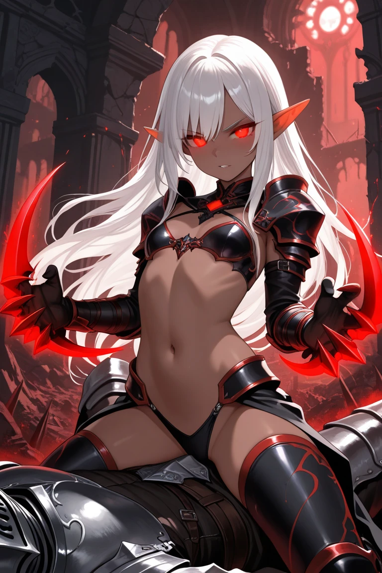 (1girl, pointy ears, black demon horn, colored skin, glowing,wearing bikini,hot looking,good looking nipple, white hair absurdly long hair multi-tied hair, glowing eyes,green demon eyes, , tired) (digital) (standing in detailed fitting throne, (red/black armor)) , best quality, nightelf,