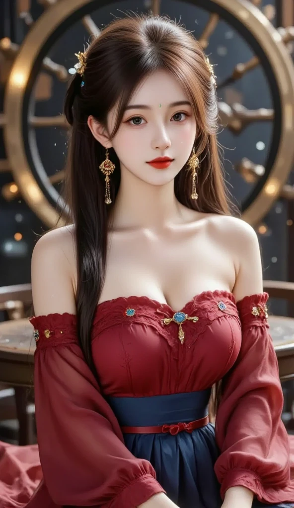 (The gaze is on the viewer 1.7),(huge breasts 1.8),(A colorful Chinese dress with gorgeous lace-like embroidery that shows off a beautiful cleavage..8),,(Table Top 1.8),masterpiece,Highest Resolution,Dynamic bust of a beautiful Chinese woman,Delicate black bun,Wavy long hair,Black clear eyes,Her hair is covered with beautiful and delicate floral detailing., crystal jewelry filigree,Ultra-detailed details,beauty effect,Soft Lighting。shame