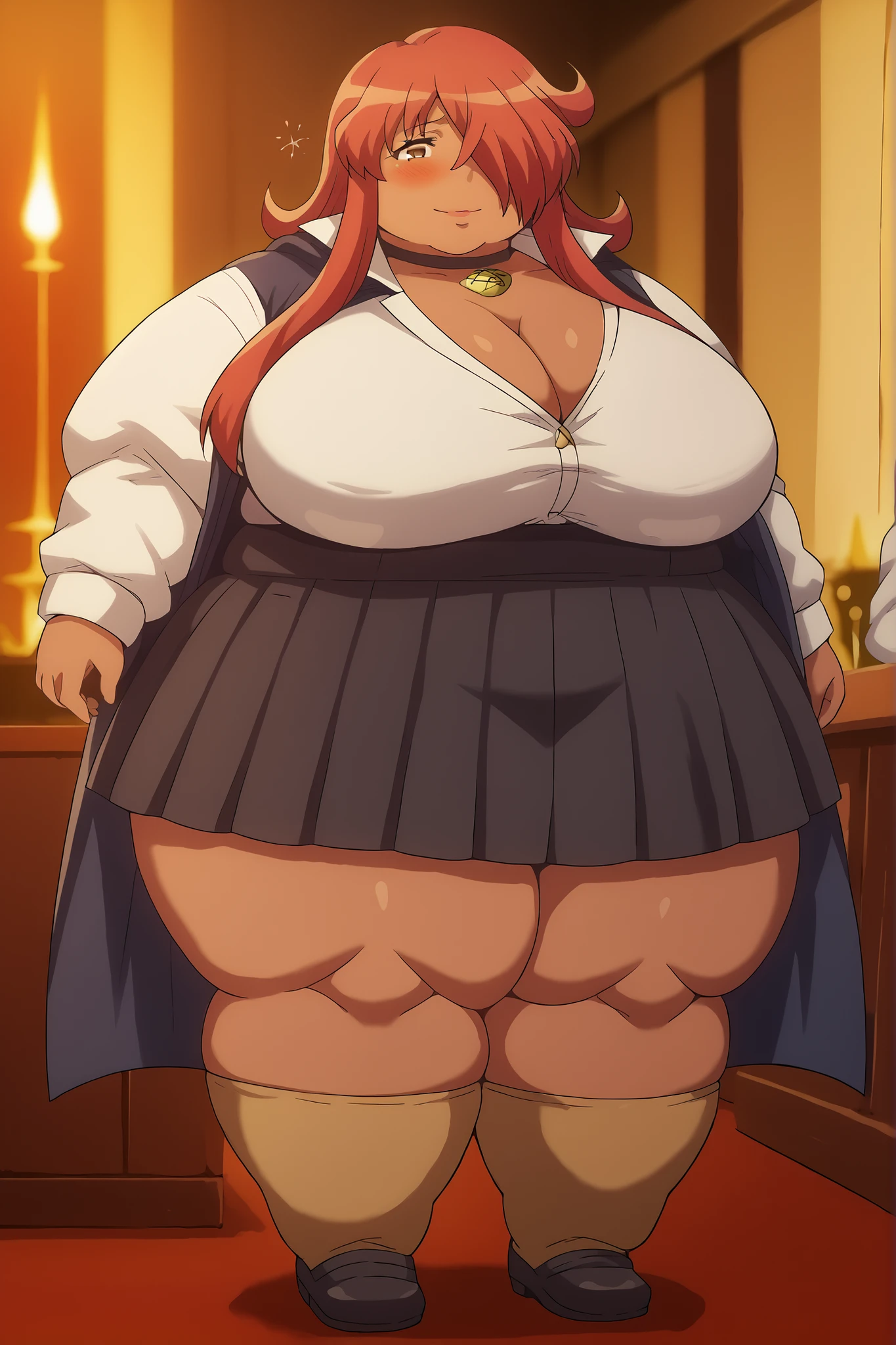 Raphtalia fat, obese, cursed statue in the hand, hungry, belt pop, devil suit, clothes's neck, sexy uniform, smug