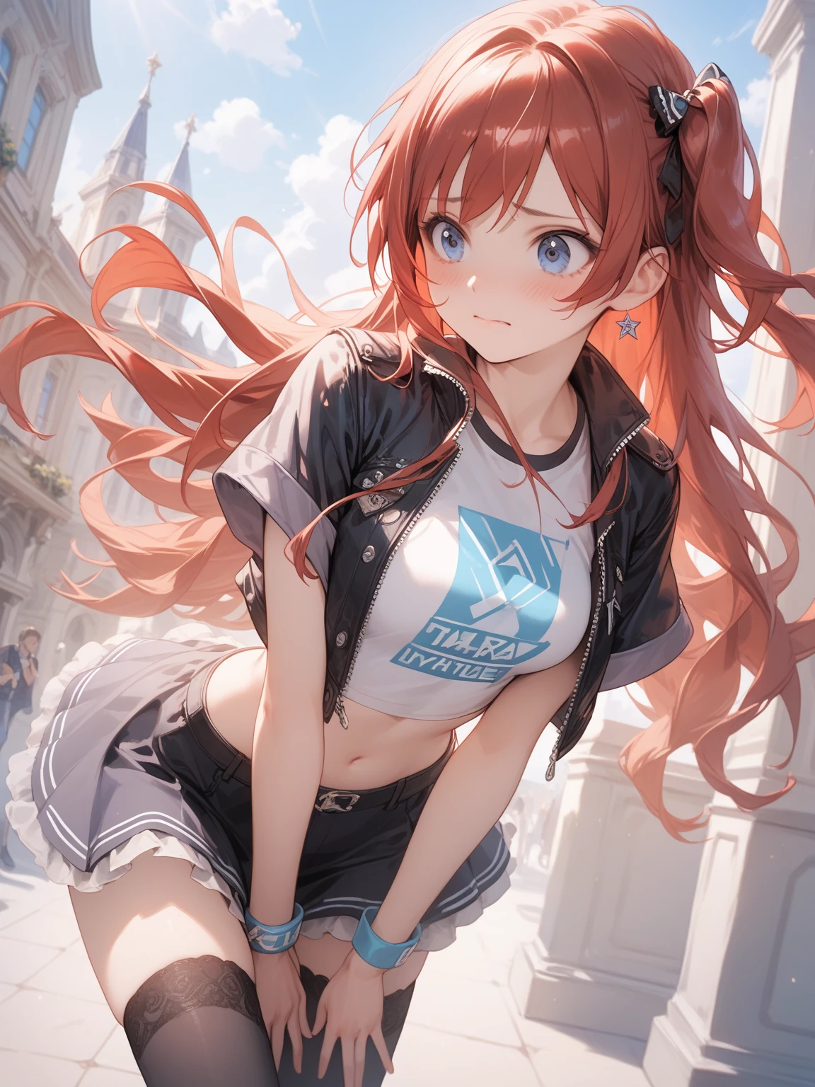 1girl, alone, miku nakano,masterpiece,best quality,highres,ultra-detailed,long hair,bangs, long hair, bangs, blue eyes, brown hair, shirt, hair between eyes, headphones, headphones around neck, arge breasts,(sweater:1.2),(turtleneck:1.2),street,smile,standing,(sleeveless:1.4),arm_behind_head,arms_up,cowboy shot,big breasts, medium waist, wide hips, medium thighs,looking at viewer, point of view (from below), cowboy shot, dutch angle, perfect hands, perfect anatomy