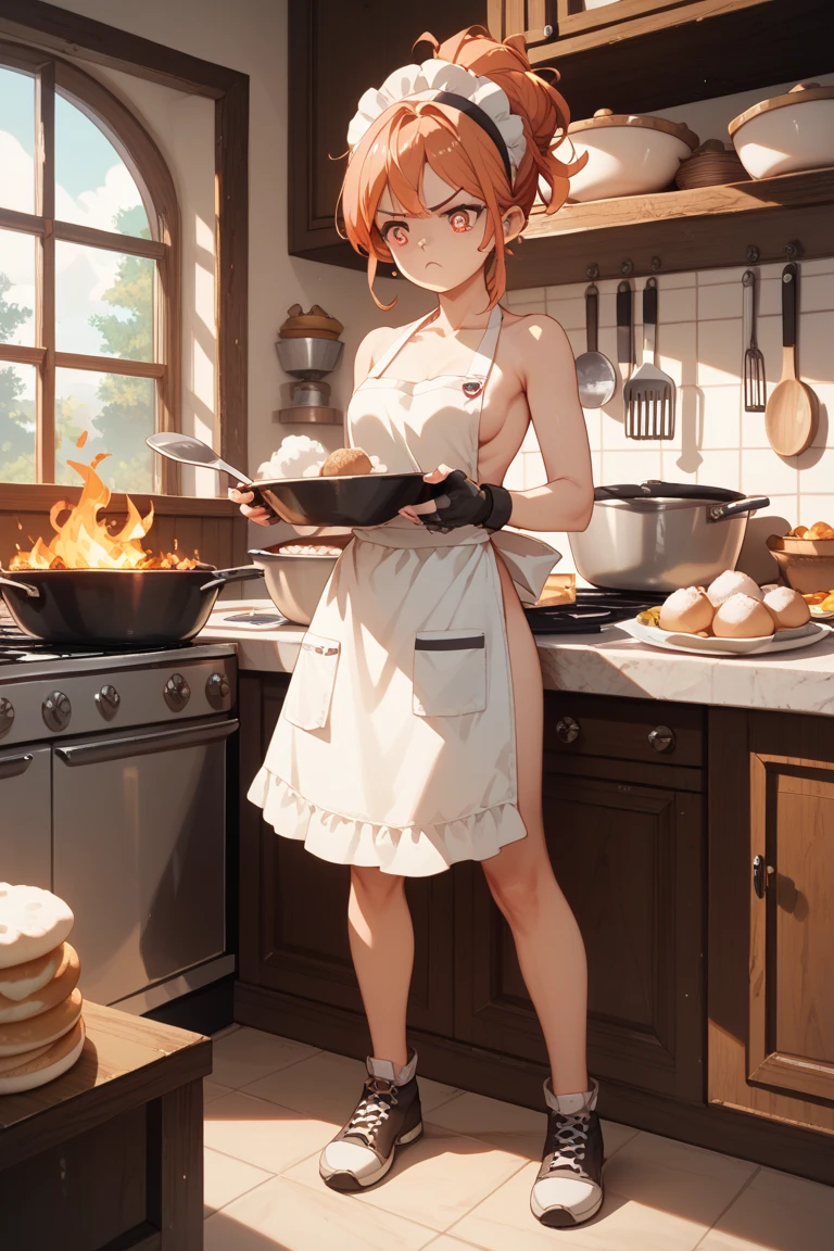 (((masterpiece, Highest quality, High resolution, 超High resolution, 4K, ))), One Woman, ((Food Wars!, Erina Nakiri)), Naked Apron, whole body, kitchen, Crab-legged stance, Peace sign with both hands, ((whole bodyローアングルビュー))