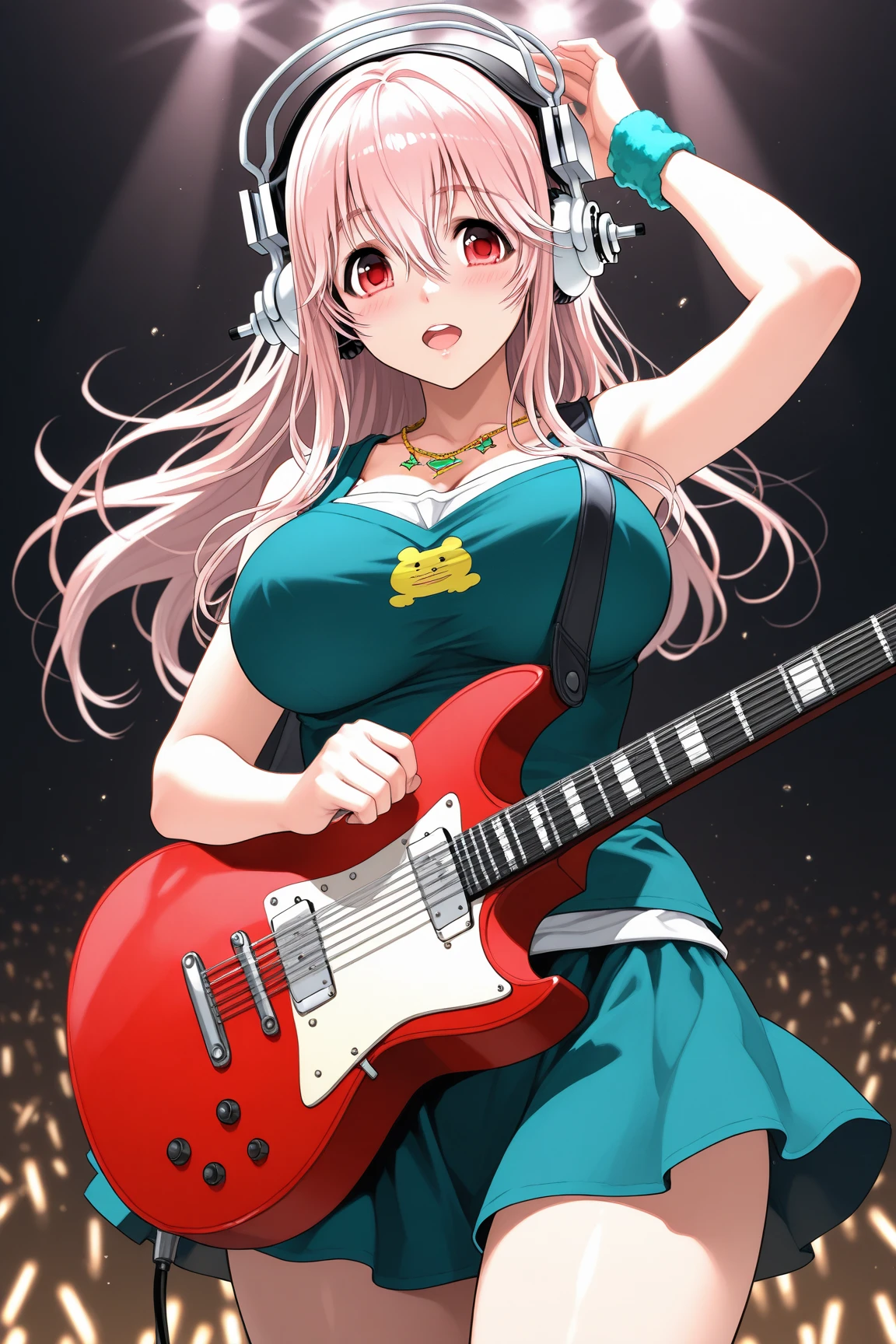 (masterpiece, best quality:1.2), solo, 1girl, super sonico, expressionless, playing guitar, holding instrument, headphones, red eyes, hooded jacket, shirt, shorts, gigantic breast, big lips