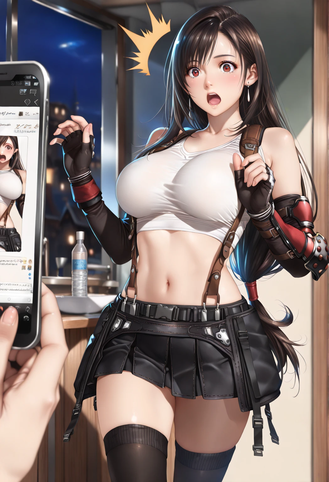 best quality, ultra-detailed, high resolution, extremely detailed CG, unity 8k wallpaper, super detailed skin, detailed, dynamic lighting, beautiful detailed eyes, defTifa, white crop top, elbow pad, fingerless gloves, suspenders, very short pleated miniskirt, red boots, bar counter, showing panties, dynamic angle, dynamic pose, red eyes, smile, fighting stance,