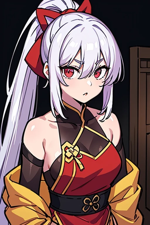 A female with long white hair and red eyes,wearing a black and red kimono 