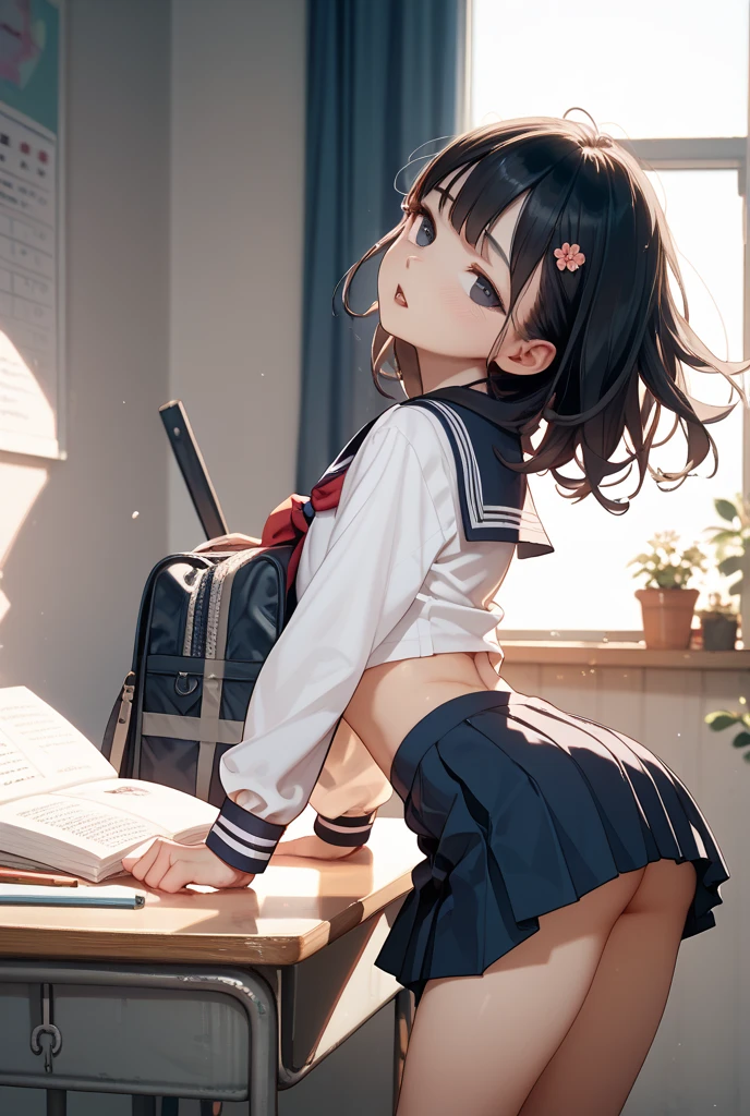 lighting like a movie、Top Quality、Wearing sweat、full of sweat、school library、Thin lines、Black Sailor Suit、A dark-haired、Black-rimmed glasses、Get on all fours with your hips facing each other.、perfect ass、nice hips、shame、surrounded by books、natta、Small white panties、mini-skirt、