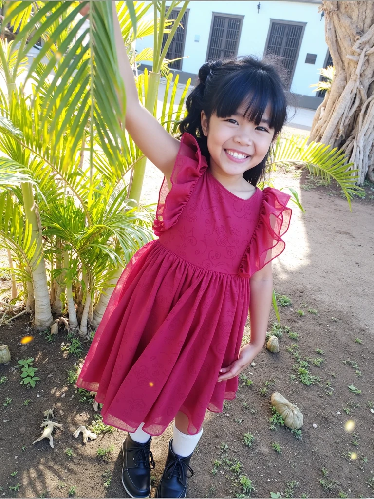 litle girl, a 5 y.o , wearing light pink long dress luxury, standing near a lake, happy smile, rich detail, with light sun behind, bokeh, masterpiece, best quality, 8k uhd, dslr, film grain, d700, photorealistic