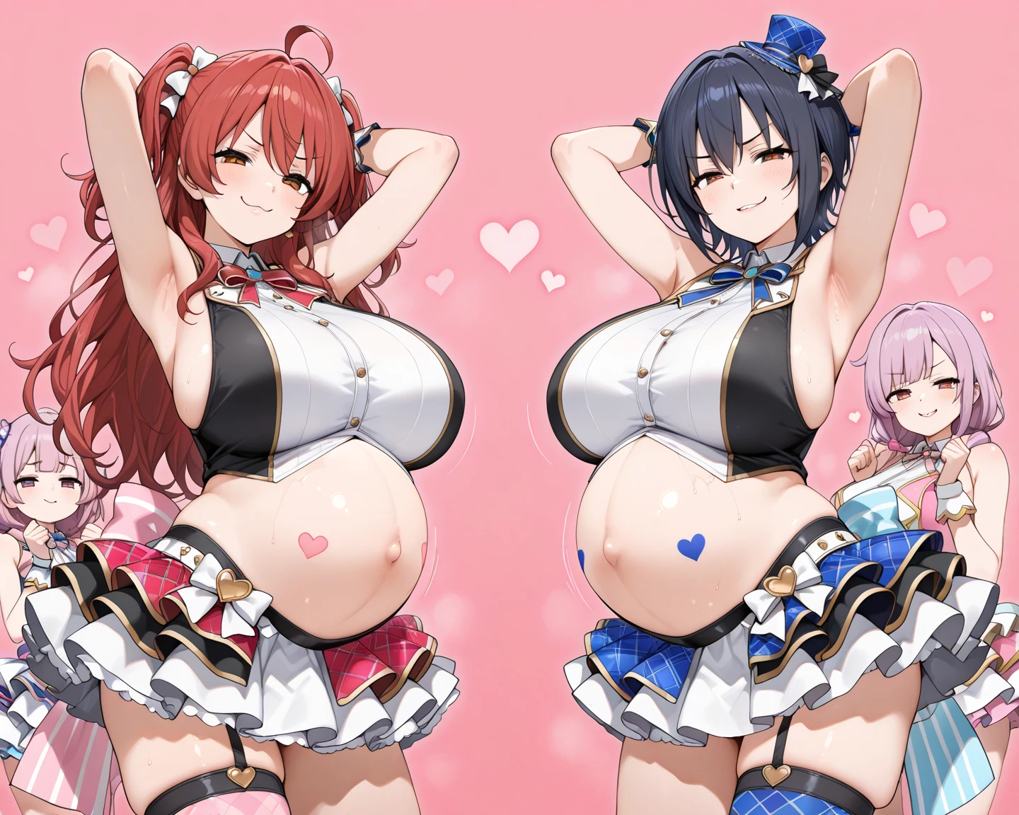 Score_9, score_8_up, score_7_up, score_6_up, source_anime, precure, 3girls, (looking at viewer), blush, multiple girls, blue hair, blonde hair, pink hair, (magical girl costume), cleavage, asymmetrical docking, simple background, breast press, pregnant, big belly, pubic tattoo, pubic hair, take your pick