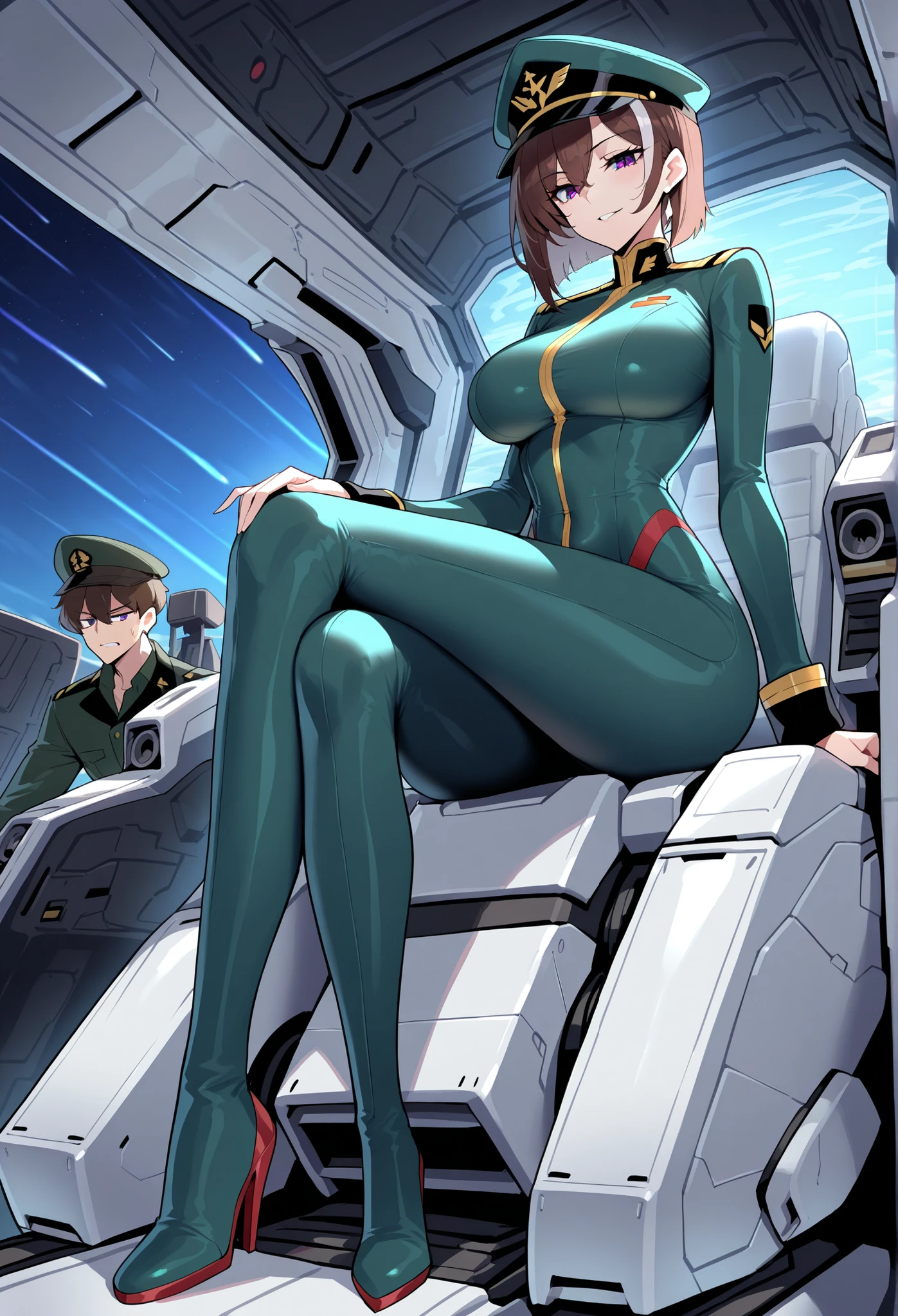 A female mobile suit pilot, 21, slim fit body, b-cup breasts, tall, long legs, purple eyes, short brown hair with white highlights, wears a full body tight suit, with a commander's hat, cold and aloof, arrogant, specializes in long ranged combat, aligned with the Principality of Zaun. Sitting inside a mobile suit cockpit. Dark green uniform