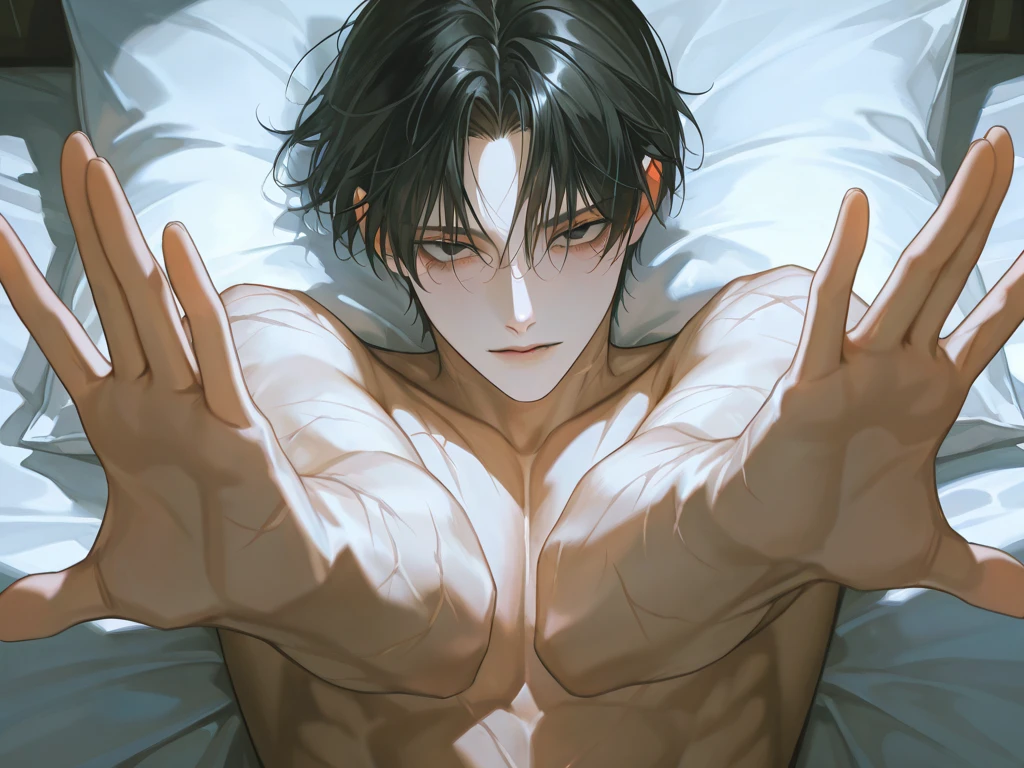 Create a completely naked guy with his face covered by bandages with straight and muscular black hair with tattoos on his chest lying down and sweaty