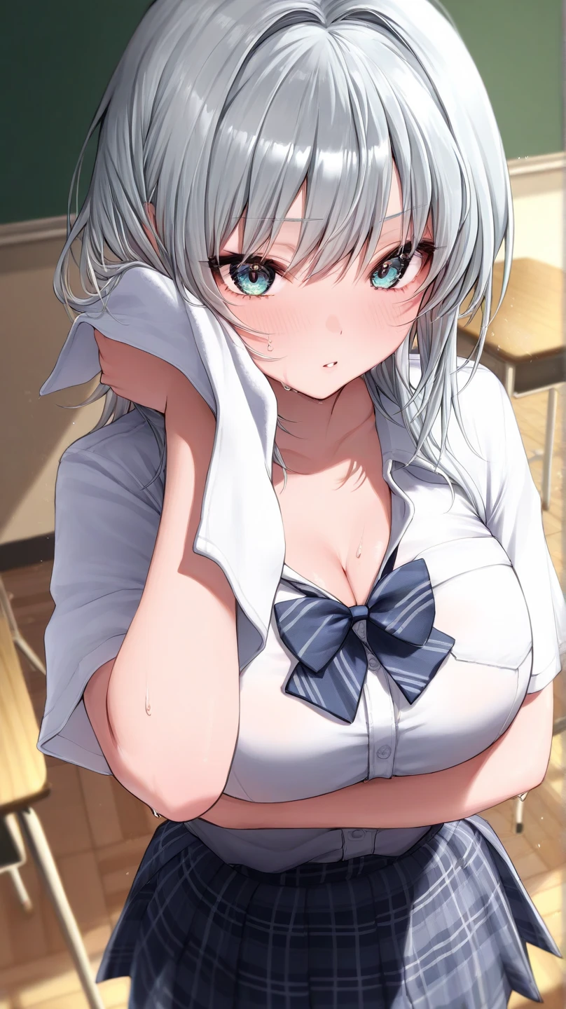 (best quality:1.2), (ultra detailed:1.2),(masterpiece:1.2),(8k:1.2),(Blessed,Captivating body、Ultra detailed hands、Ultra-detailed eyes、Ultra-detailed skin、ultra-detailed face,Detailed Background),One Girl、((white dress shirt, naked shirt,cleavage ,open shirts,large shirts,no panties,bottomless,)),(ecstasy, aroused:1.5), (ccnoel, short hair, french braid, hair ribbon, green eyes)