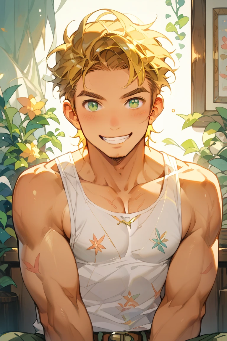 (Masterpiece: 1.4, highest quality), ((Masterpiece, highest quality)), two boys, (cute boy with green hair and big eyes: 1.2), (good looking boy with blond spiked hair and red eyes: 1.2), beach, they are undressed, from below