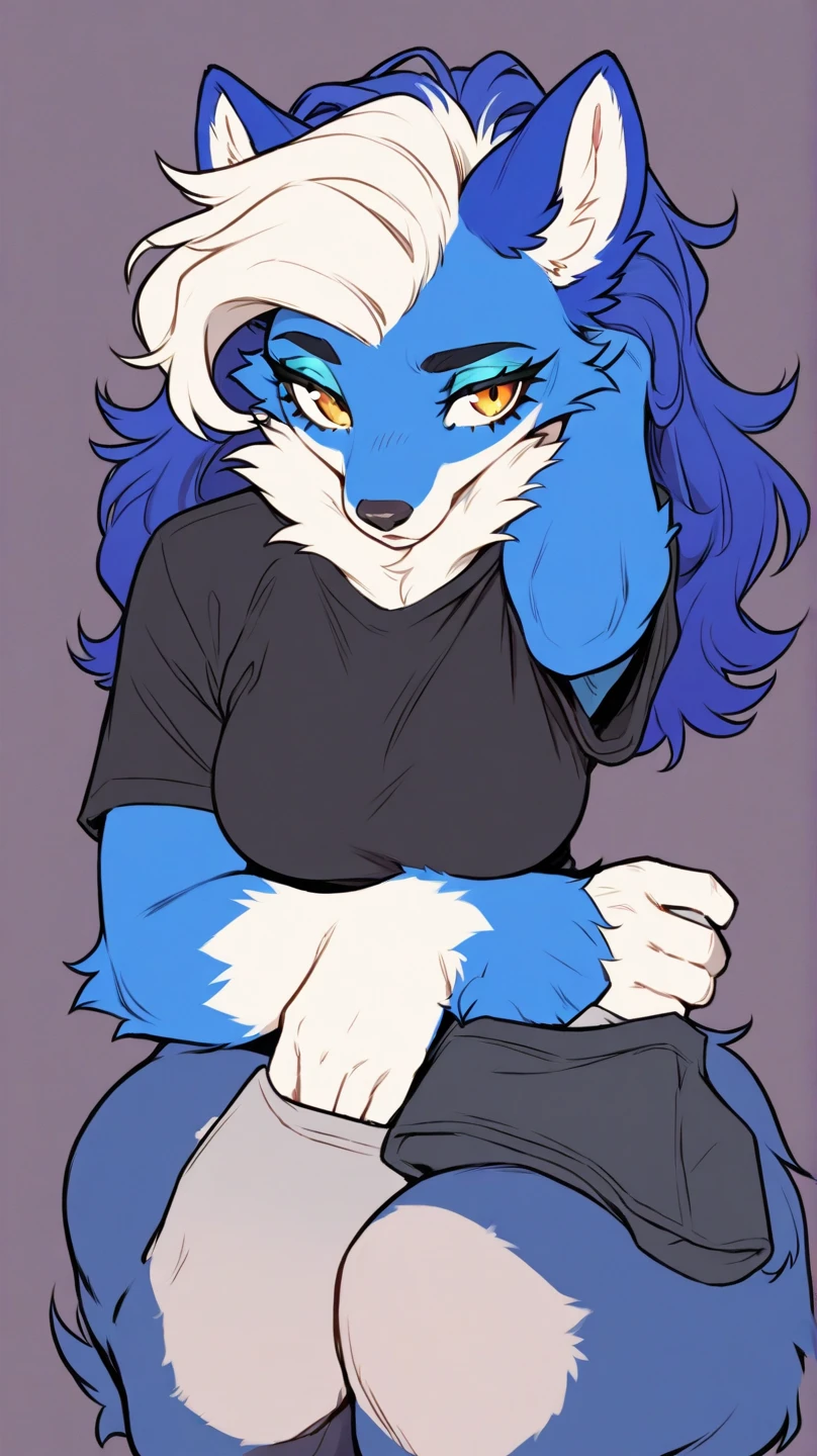 Surprise expression, 1girl, anthro, furry, glossy skin, shark girl, (black skin), blue hair (light blue highlights), (black sclera), (white eyes), Messy hair, long hair, (19 years), large breast, thicc thighs, futa, futanari, (gigantic black erect penis blue tip), blue tiger stripes, solo, (orange background), nervous, shy, white t-shirt, black skirt, standing, (arms crossed under breast), see-through clothes (embarrassed), (soft shading), score_9, score_8_up, score_7_up, score_6_up, score_5_up, score_4_up