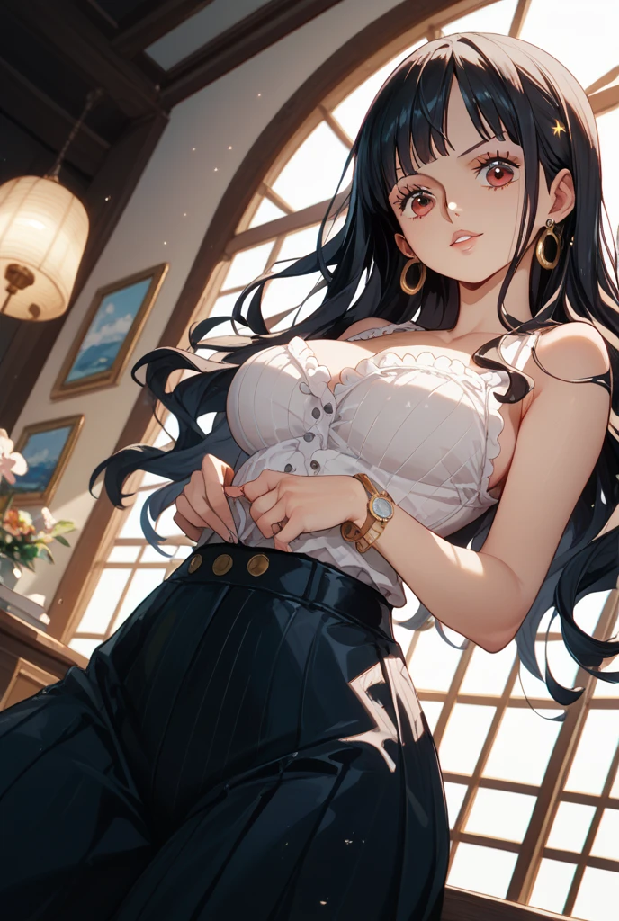 masterpiece, best quality, best lighting, shadows, portrait, perfect anatomy, 1 girl, adult anime girl, 21 years old, allure, erotic, mature features, pretty face, pretty lips, pretty eyes, black wavy hair, red eyes, seductive eyes, blushing, flirty, pretty smile, huge ass, breast, thighs, seductive, spicy, hot, flirty, crop top, tiny skirt, nsfw,