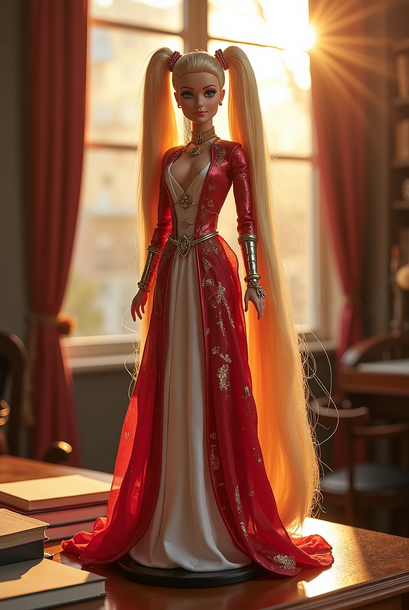 A Barbie doll with ultra-long blonde twin-tails stands regally on a smooth display base atop a study desk. She wears the majestic costume of the Empress of the Twin-tail Empire—an elegant, futuristic design that radiates both authority and beauty. The setting is a cozy study, bathed in the warm glow of the setting sun streaming through a nearby window. Captured in the style of professional figure photography, the image features sharp focus, cinematic lighting, and a refined composition that highlights the intricate details of both the doll and her dramatic attire.