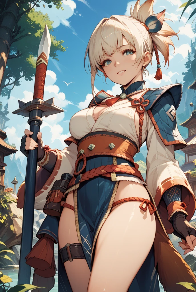 masterpiece, best quality, absurdres, perfect anatomy, 1girl, solo, Ashelia, short hair, AsheliaOutfit, miniskirt, thighhighs, jewelry, belt, standing, cowboy shot, smile, dynamic pose, dynamic angle, outdoors, plains, hills, (sitting, spreading legs by hands), spread crotch
