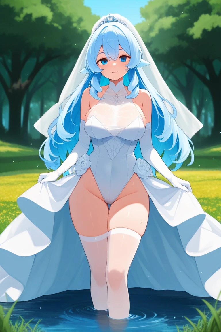 (Best quality,Unbeatable masterpiece:1.4),Ultra-detailed CG 4K,(Ultra-Detailed Clear Absurdly-Vivid Mint Big Eyes:1.2),Gorgeous Round Detailed Face(voluptuous:1.4)(Bimbo: 1.4)(normal waist: 1.2)(Thick lips: 1.3)small-nose(Light smile: 1.2)Rocks,green trees, a plant,Bush, (Shy blush:1.4) Dynamic pose ,1girl, seductive, delicate delicate a fair skin woman long white hair curvaceous with fantasy aesthetic face structure blue eyes skin tight white corset dress big white evening gloves top_open white thigh high stockings wide hips big_breasts horse_ear unicorn_tail pink_horn lips_parted flowers in hair no ears mole_under_eye shy expression princess crown full body image