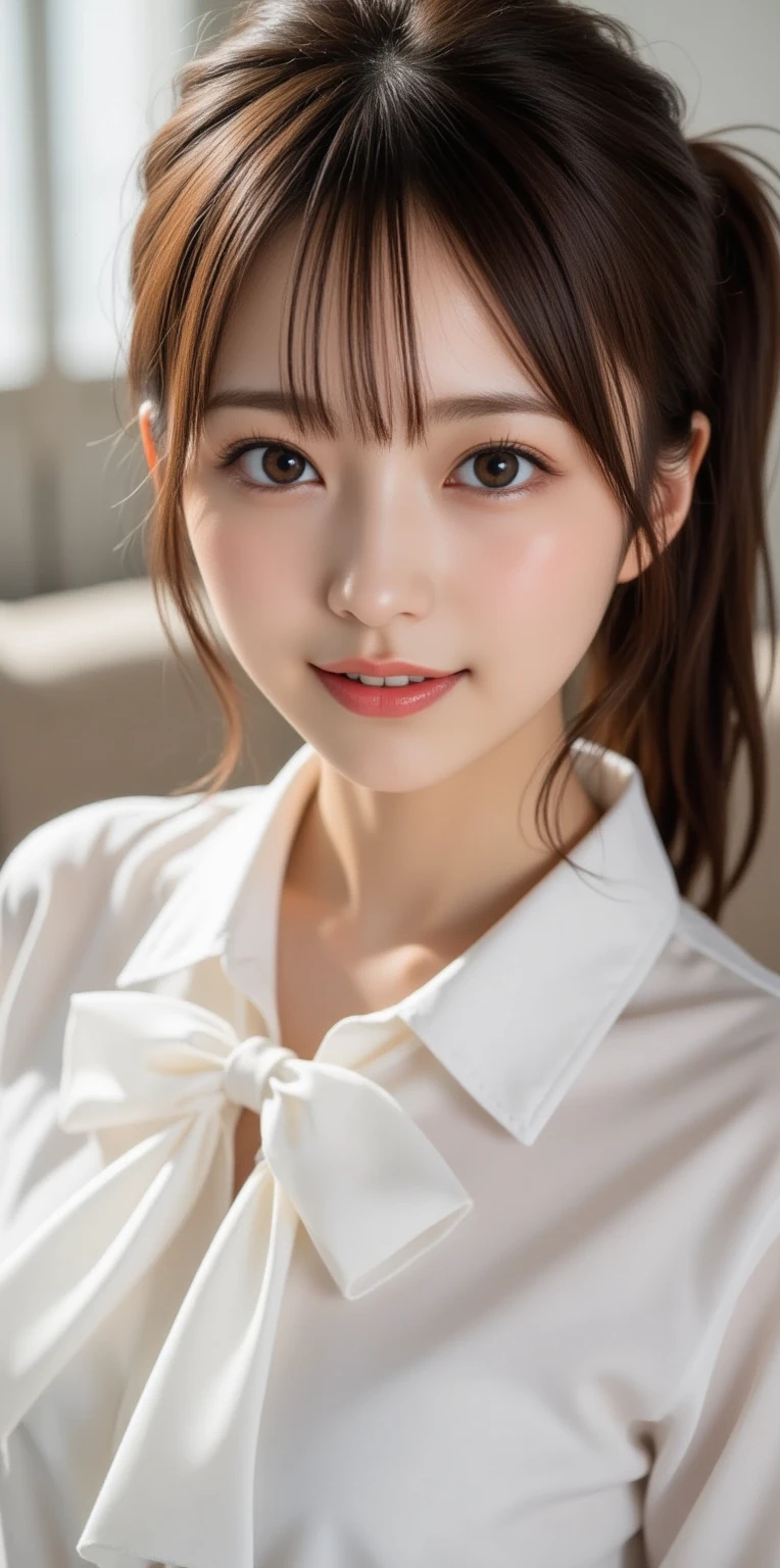 Highest quality, Face Focus, Soft Light, Ultra-high resolution, (Realistic:1.4), RAW Photos,
1 Japanese girl, alone, cute, (pupil, light in your eyes), Beautiful face in every detail, (High resolution detail of human skin texture),
(ponytail),
To the hospital,
White nurse uniform、(Take off、Open clothes)
、Extremely detailed eye resolution、Low Angle,smile,Leaning forward,bed
