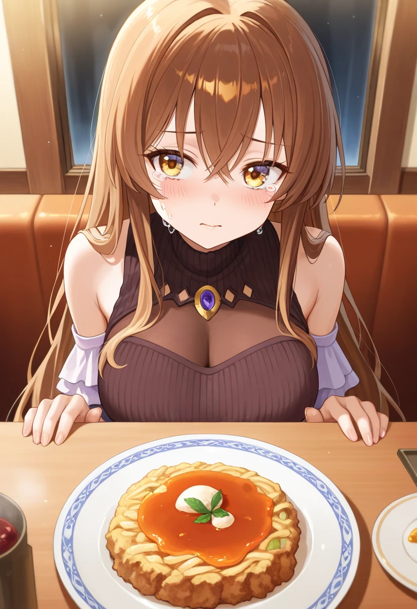 (small breasts:1.3), (perky chest:1.1), (pointed chest:1.0), (Pudding cake magazine cover:1.3),(from above:1.0),(from side:0.9),masterpiece, 1girl, Amazing Cleavage:1.1, thin waist, big ass, Raised sexy, small breast: 1.3, posed cleavage:1.2、solo, open mouth, have a cute grass of cute beergrass,black hair, dark green eyes, dress, bare shoulders, jewelry, collarbone, sidelocks, hairband, earrings, indoors, off shoulder, sweater, arms behind back, plant, short hair with long locks, gild hairband, sweater dress:1.2, off-shoulder sweater, red sweater, dark gord hair, big side hair, very long side hair,is rendered in (masterpiece: 1.2, best quality), with (ultra high resolution) and an exquisite (depth of field). This masterpiece is not only visually stunning but also tells,A scene of cooking in the kitchen by classroom ,looking at viewer,