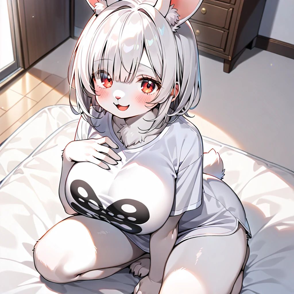 (masterpiece), (absurdres), (solo), (1girl), bpw, huge breasts, lying, on stomach, indoors, nude, looking at viewer, naughty face, blush, <lora:BreastPillowv02-02:1>