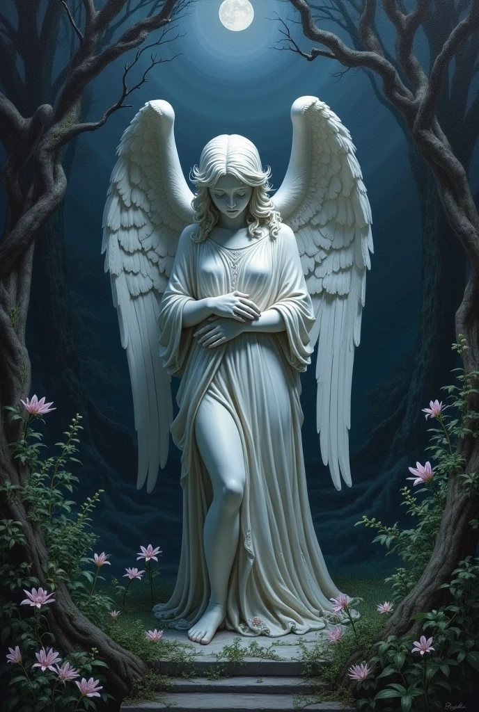 greek statue of an angel on a darker rainy background outdoors with blue aesthetics throughout the image