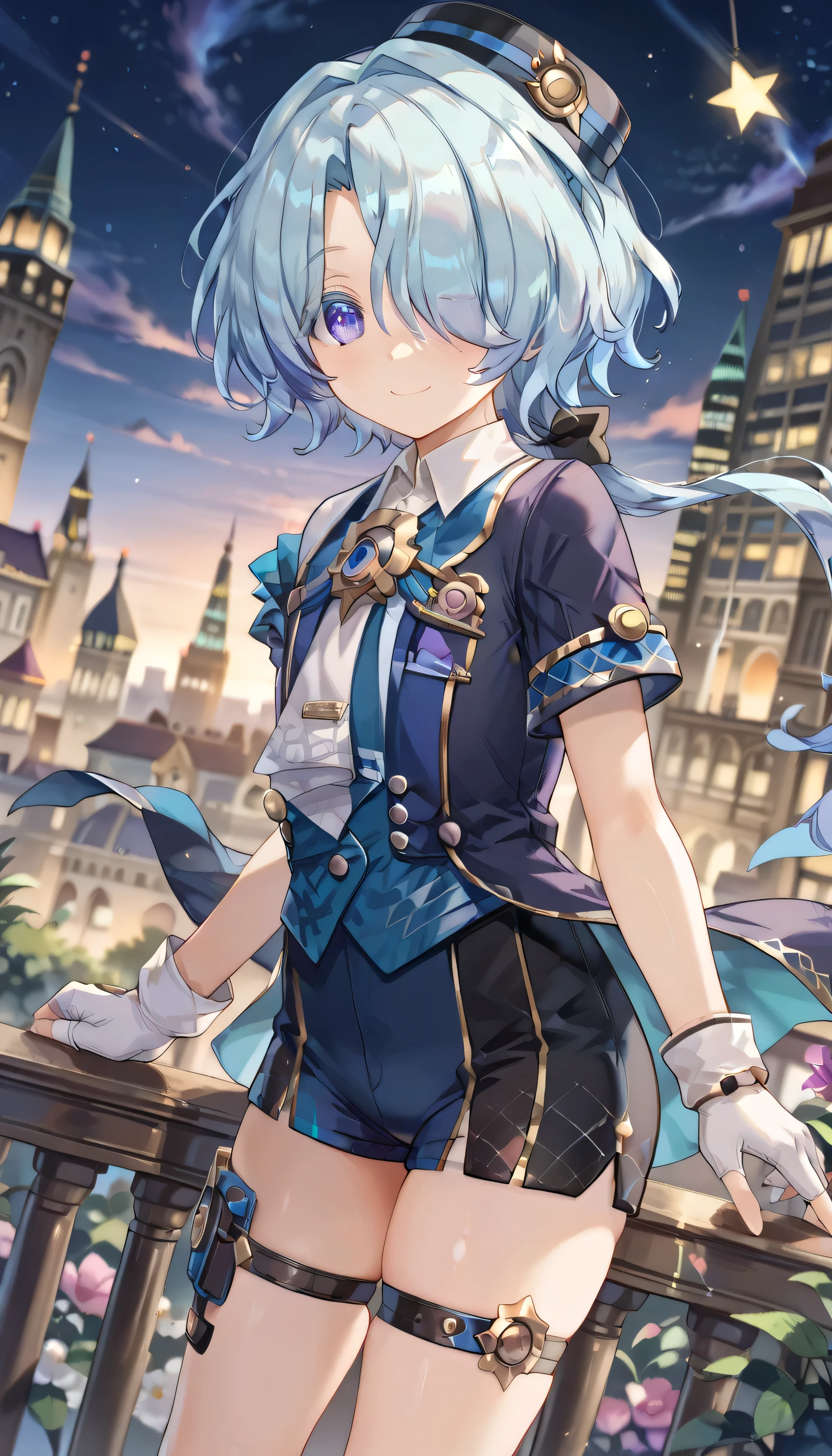 masterpiece, best quality, amazing quality, very aesthetic, high resolution, ultra-detailed, absurdres, newest, scenery,(depth of field:1.5),
(super fine illustration,professional quality,ultra high res), beautiful detailed eyes,
(high brightness),
break
misha,1boy, solo, young, bishounen, hotel-keeper,
light blue hair, hair over one eye, purple eyes, tsurime, Gloves, Shirt, Cute face and eyes, Thigh gap, Ass visible through thighs, 
White gloves, Short sleeves, Fingerless gloves, Shorts,(thigh straps), 
torino_aqua, ((extremely detailed background)), night star,ches,
1boy,
Smiling face, Glossy eyes, Animated, Seductive, Erotic, Glossy skin Thighs, Sexy, 
(Cute Illustration: 1.3), (High Saturation: 1.3), Cute face and eyes, Dynamic lighting,
dynamic pose, from side:0.1, Front view, looking at viewer, lower body, 
(Dutch angle: 1.2), 