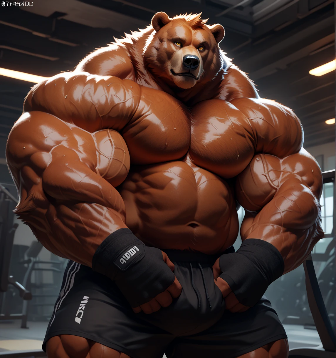 solo, 1boy, Huge Muscular Old bear wearing glasses, brown fur, hairy pectoral, huge pectoral, wide pectoral, short white hair, short pants and shirtless, bearded, mustache, simple background, masterpiece, high detailed, 8k, high resolution