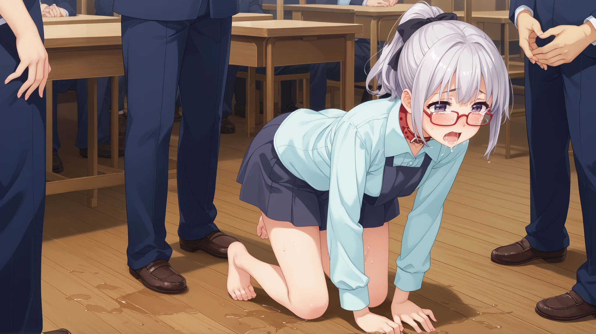 (nsfw:1.2),((One girl, 1 Elderly)), ((Skirt flip:1.4)), ((Old man grabs woman&#39;s skirt)), The old man laughs evilly, Huge breasts:1.7, Anime cel painting style, Highest quality, High resolution, Huge breasts:1.8, good, High leg panties,blue eyes, Purple Hair, bangs, Side Ponytail, hair ornaments, Embarrassing, fear, blush, View Viewer, whole body, Cowboy Shot:1.6、(((Completely naked:1.8)))