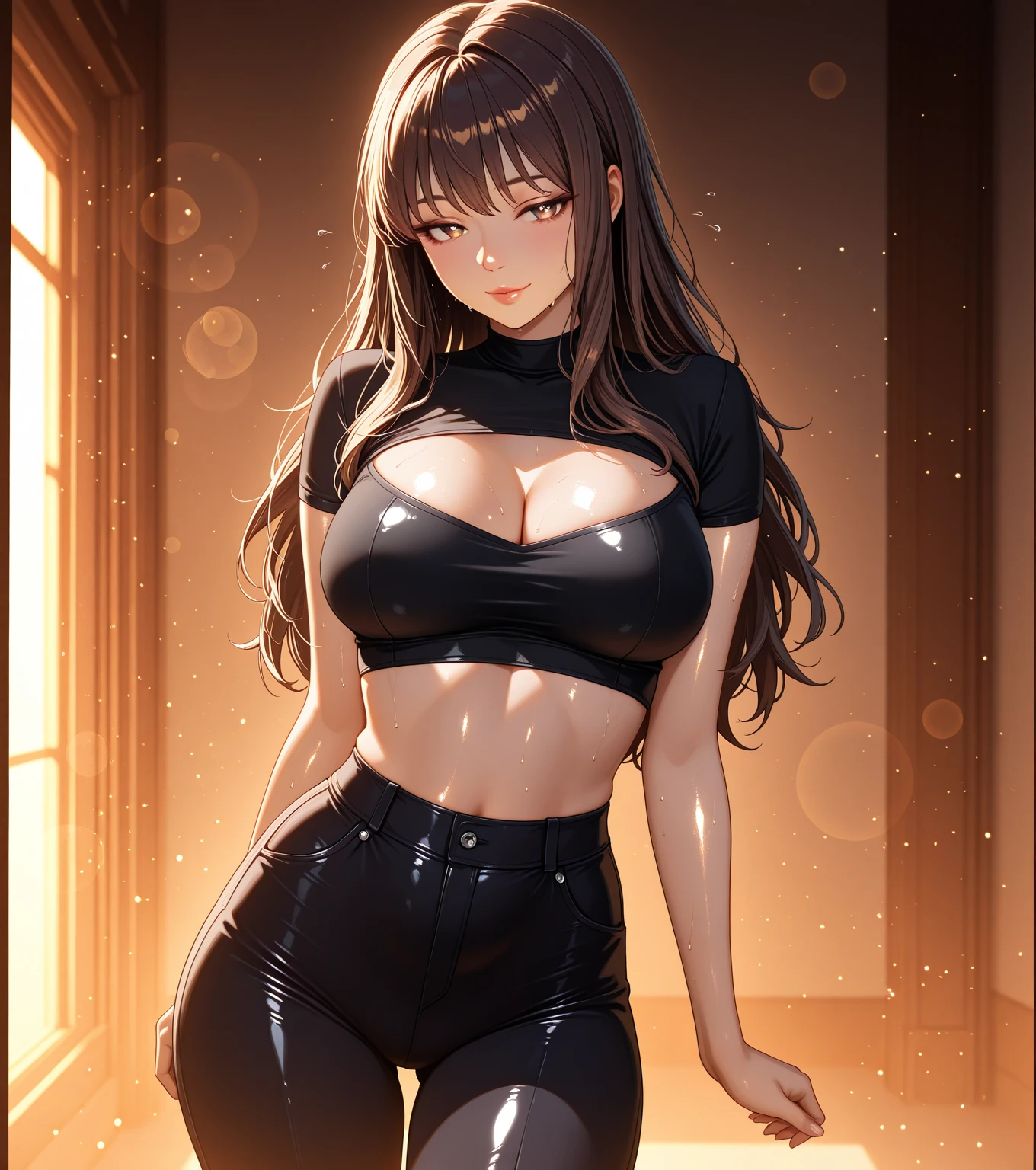 ((masutepiece, A hyper-realistic, 8K)) , (Beautiful Girl , Solo , long curly hair, girl) , (Wearing a crop top and a fluffy skirt ) , ( slender hip ) , ( thick thighs ) , ( More than top angle ) , Photorealism, ((Photorealism :1.4 )), ( Big Breast:1.3), Soft lighting, Bright light,Cat's ears
