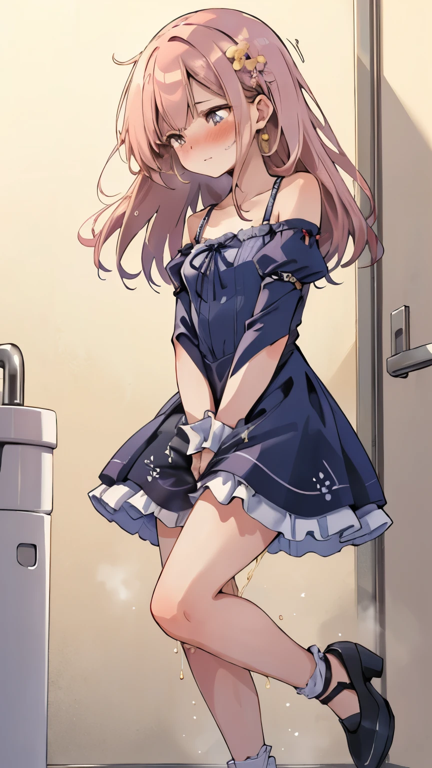 (SIGMA 200 mm F/1.8, 1/1000 sec shutter, award-winning photo), (beautiful medium breasts, shiny skin), (have to pee-pee:1.1), (Disheveled hair), (The expression of someone desperately trying to hold in her pee-pee:1.1), (She needs to pee-pee so badly:1.3), (She in long girls queue with public restroom:1.2), (Full face blush:1.3), Squinting, (pee dance), (Constricted Pupils:1.1), (Impatience:1.1), (flustered:1.3), (Her whole frame restless flounder wrigglest and desperately pee dance), Legs straight standing on one tiptoes, Arms stiff, Her whole posture unnaturally wrigglest, She stood like someone trying not to break under pressure, (She keeps frantically clutching herself crotch:1.2), (wearing frilly Dress, Pumps:1.3), (wide shot), (8K, ultra-detailed, best quality, ultra-detailed face, anatomically perfect figure, extremely detailed glamorous curvy body girl), (side view:0.8), nsfw, 