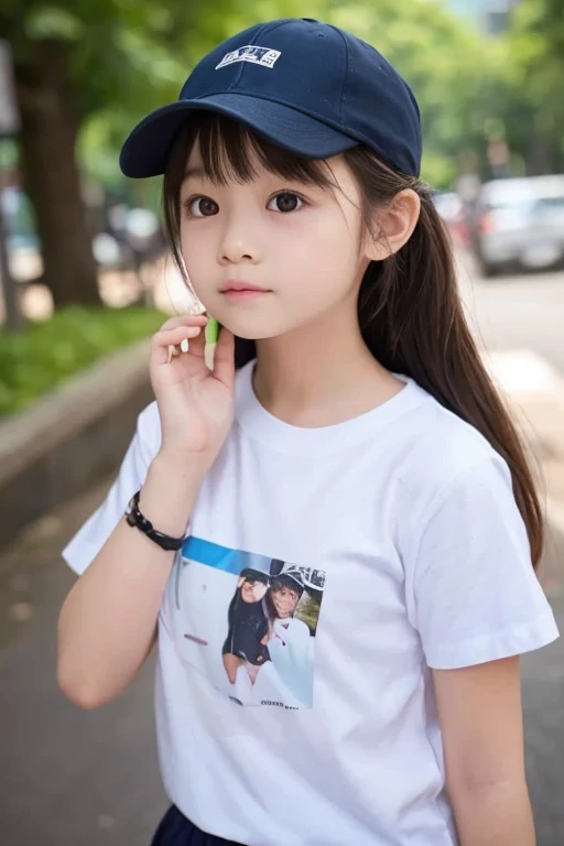 7-year-old girl dressed in shorts and a t-shirt, photography in the park