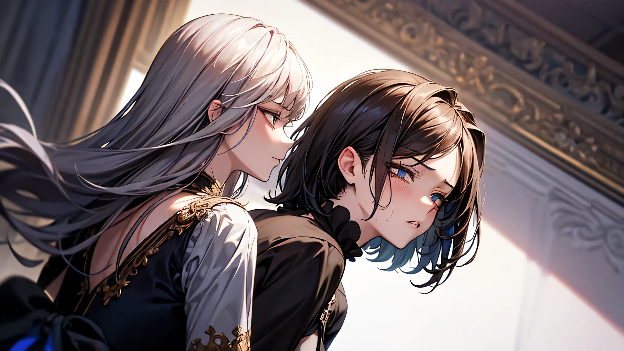 a dramatic cinematic portrait of two young women standing back-to-back in a grand, dimly-lit opera house, wearing elegant, contrasting dresses—one black, one white—both with melancholic expressions, their eyes slightly closed as if listening to distant music, soft spotlight from above casting long shadows, viewed from a slightly low, close-up angle, evoking themes of duality, fate, and tragic beauty --ar 3:4 --v 5 --style raw