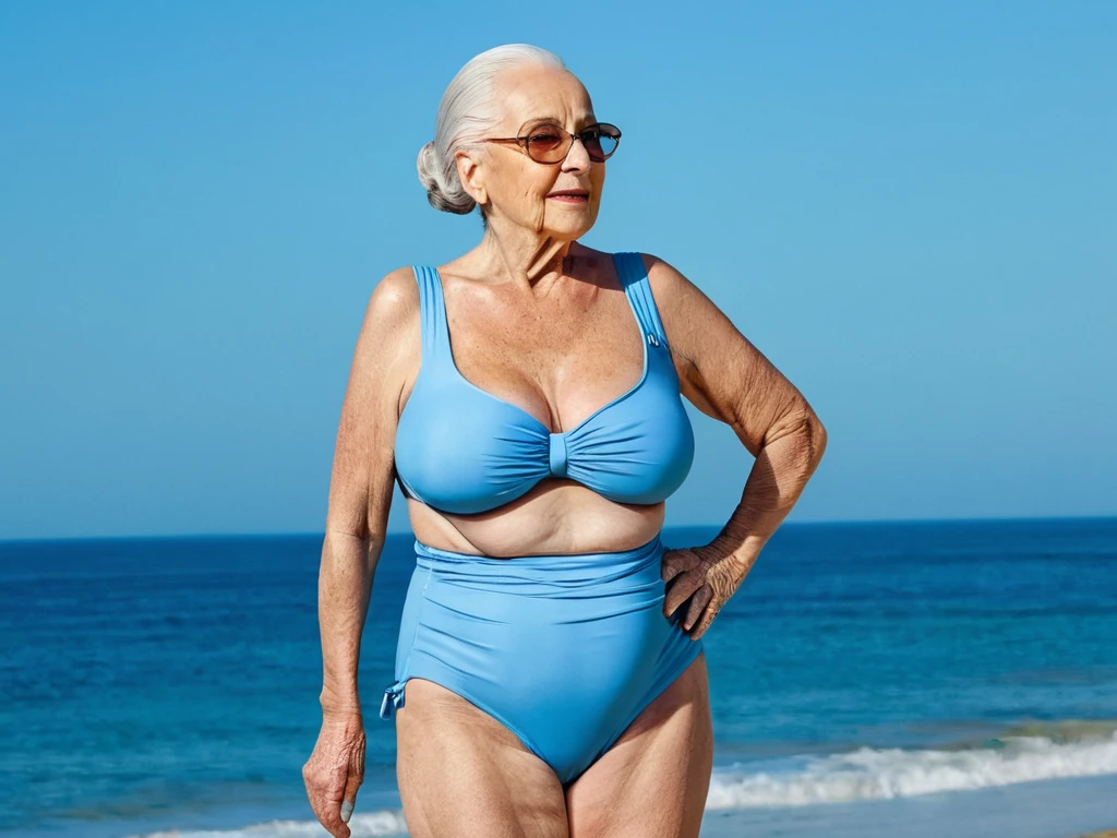 shot from side, a German woman, 78 years old, chubby body, wearing sexy fashionable bikini, smiling, beautiful wrinkled skin, beautiful hair.