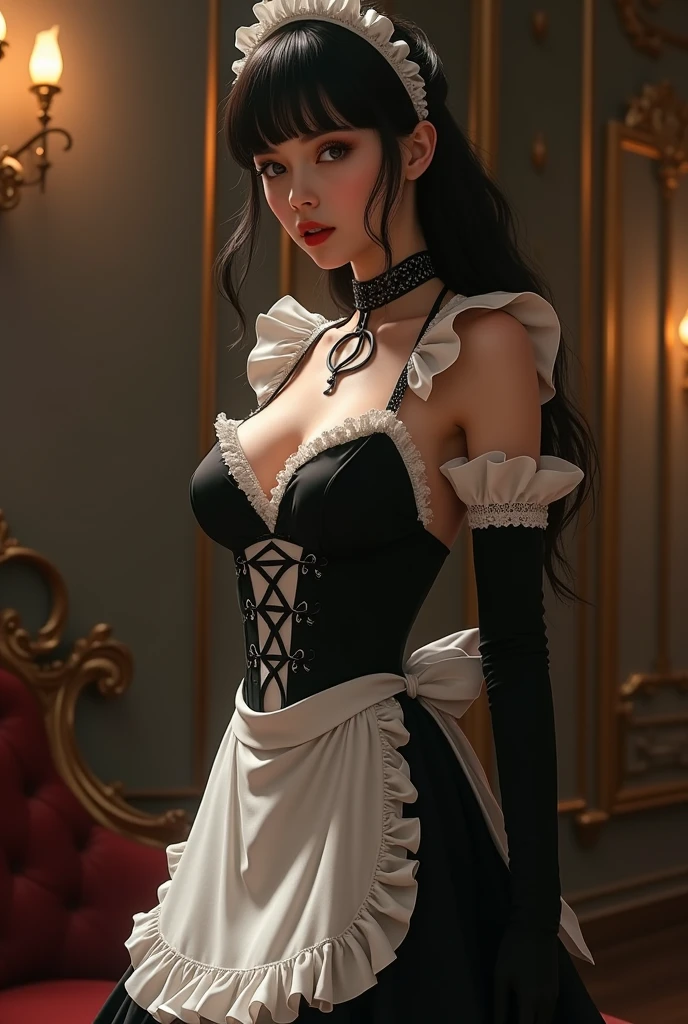 Unbeatable masterpiece, Ultra photo realsisim , Perfect artwork , Intricate details , Best quality , Strong light , High contrast , Dynamic pose , Dutch angle , (Blurry, Depth of field, blurryforeground:1.35) , Kurumi tokisaki , 1girll , Solo , Black hair , Heterochromia , clock , double tails , Red eyes , dress , Clock eyes , Put your hands on your hips and smile , shairband , pupils in symbol shapes , lolita fashion , gear wheel , Long hair , Breasts , Yellow eyes , view the viewer , lolitahairband , cleavage , Medium breasts , flower , Bare shoulders , Roman numerals , chain , mitts , ribbon , (Starlight,Sunset , Lens flare:1.25) ,
