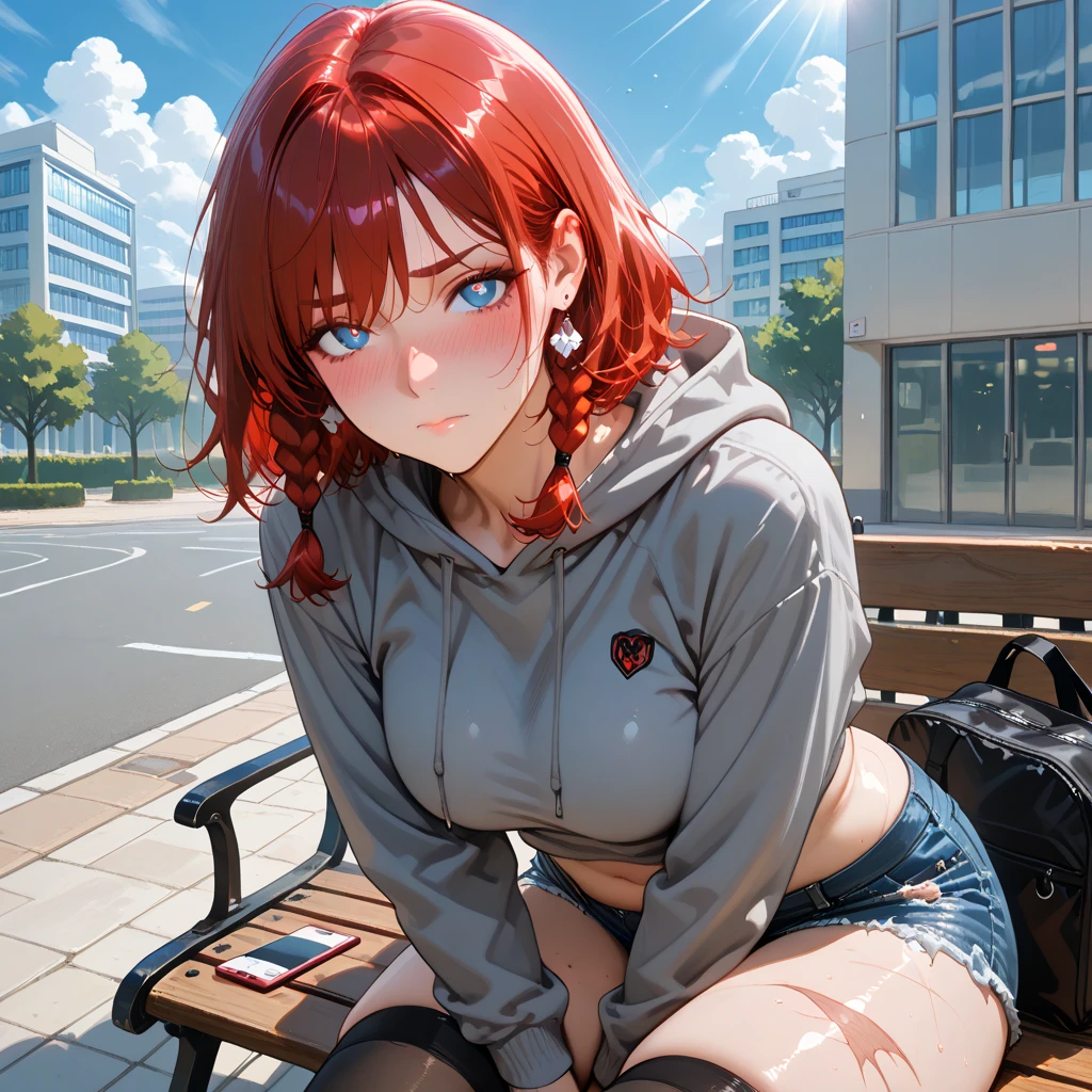 (best quality,4k,8k,highres,masterpiece:1.2),ultra-detailed,(realistic,photorealistic,photo-realistic:1.37),portraits,)

A girl with vibrant red hair and mesmerizing blue eyes is sitting alone at a bus stop under pouring rain. Her eyes are beautifully detailed, captivating anyone who meets her gaze. She has a great cup size and a big butt, giving her a confident and alluring presence.

Wearing a short white t-shirt that slightly exposes her toned midriff, she pairs it with short black shorts, accentuating her long and slender legs. Her vibrant red hair cascades down her shoulders, adding a touch of rebelliousness to her appearance.

Despite the rain, the girl maintains a composed posture, showing her resilience and inner strength. The bus stop provides a backdrop of shelter and solitude, creating a sense of mystery and anticipation.

The overall image exudes a professional, high-quality finish, with a focus on ultra-detailed features and realistic rendering. The artistic style enhances the girl's portrait, highlighting her natural beauty and individuality.

The color palette leans towards cool shades, emphasizing the rain-filled atmosphere. The lighting enhances the girl's features, casting soft shadows and reflections on her face and clothing.

This prompt promises to deliver a masterpiece, showcasing the girl's unique charm and capturing the subtle nuances of the rainy scene.