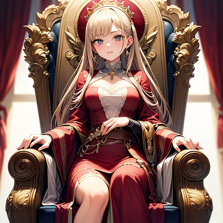 (((Masterpiece, highest quality, high definition, high detail)))), ((((Fantasy))), One, (Fine long blonde hair)))), destruction, (((((Queen sitting on a luxurious throne))))), majesty, noble, ((Red luxurious tiara)), (((Fine red eyes))), ((Fine red cape with gold embroidery)))))), ( ( Cross your legs)))), with a devil's smile, big, cleavage, red fine fishnet stockings, a glass with red wine